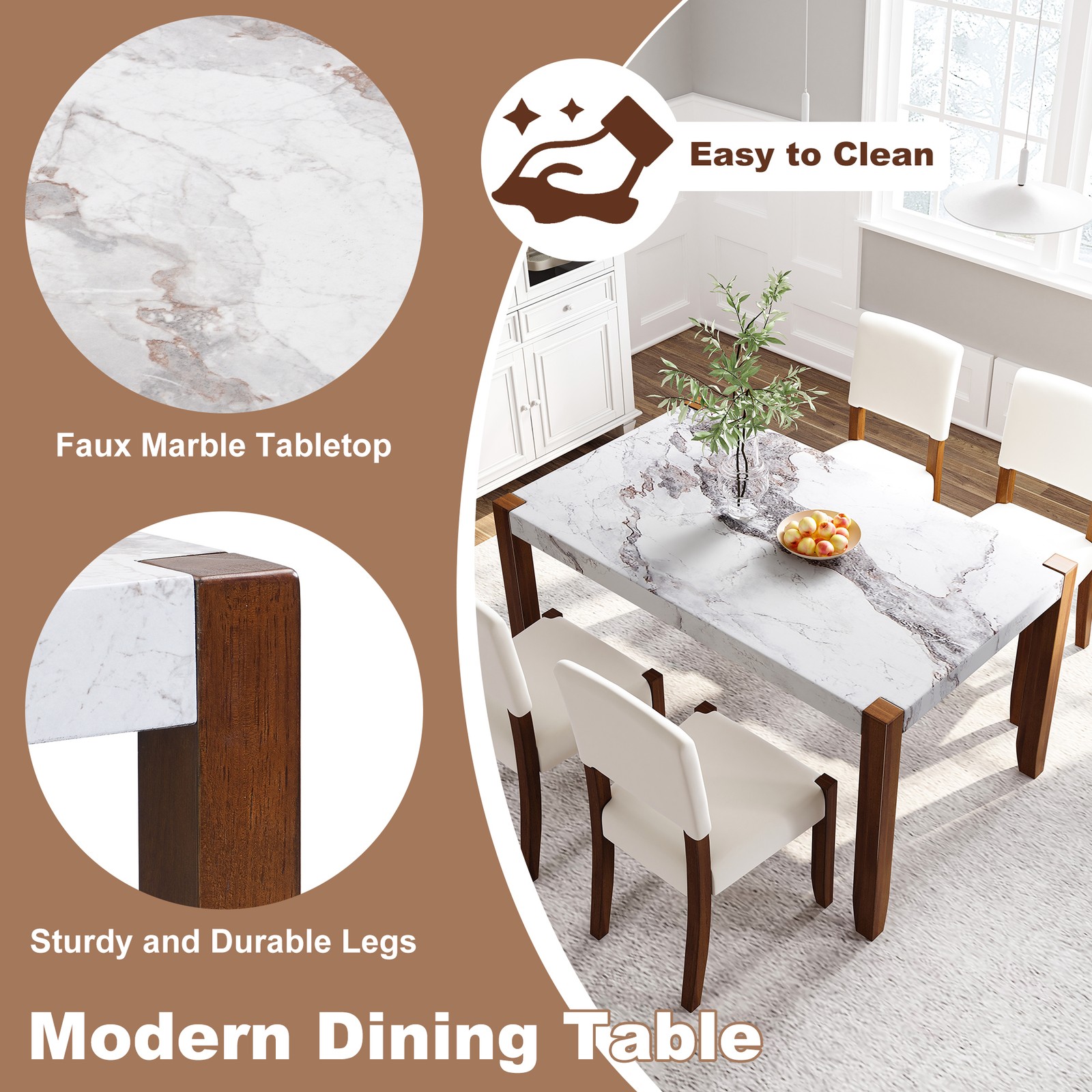 46.5″ Rectangular Faux Marble Dining Table, Rubber Wood Legs, Seats 4-6