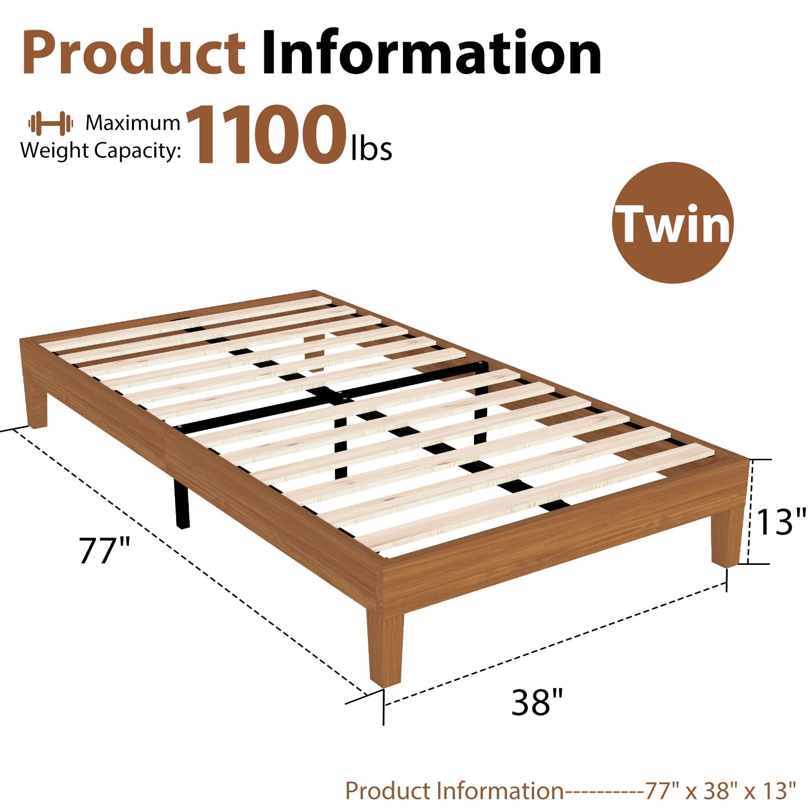 Solid Wood Bed Frame Bed Base with Wood Slat Support Sturdy Stylish Noise-Free