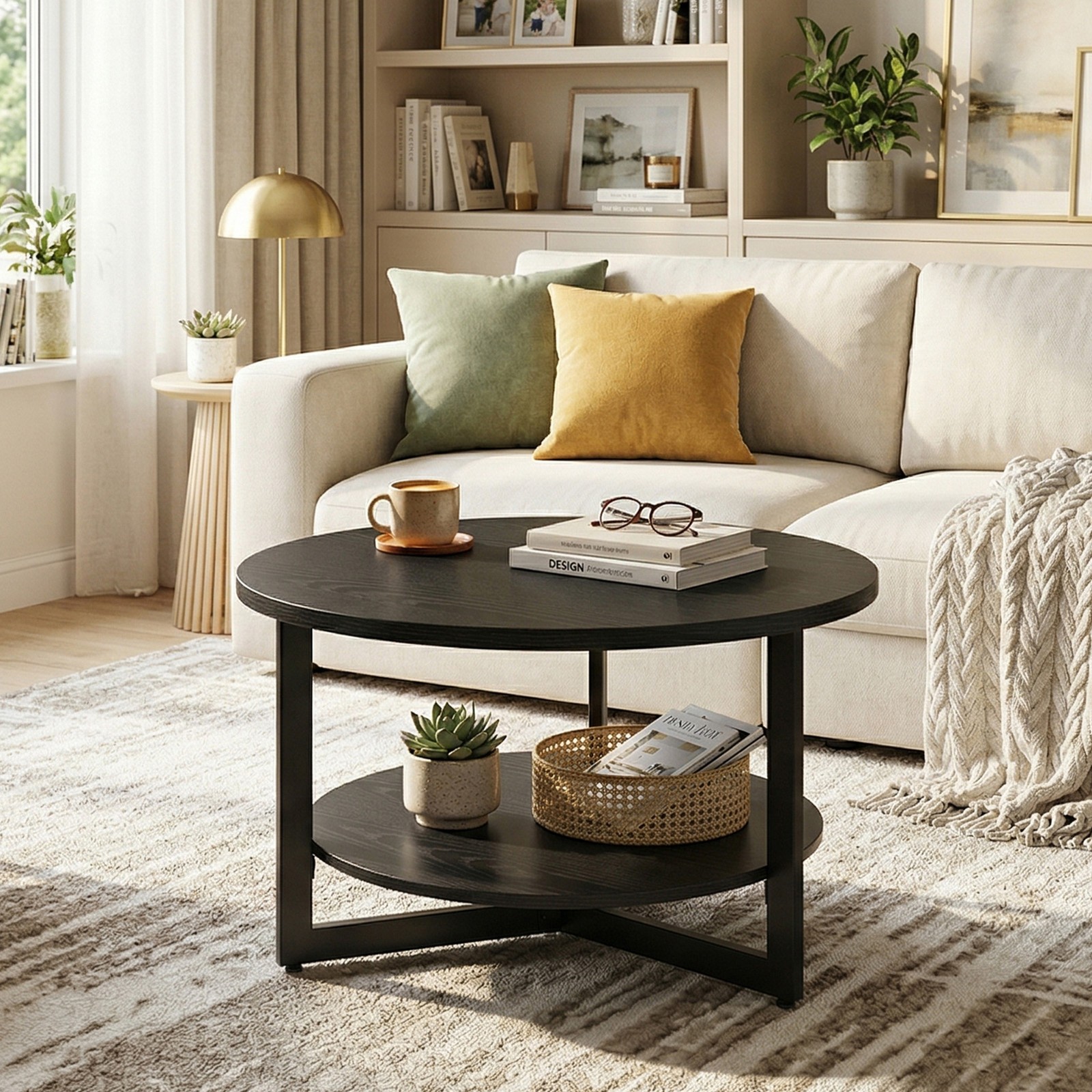 31.5in Round Coffee Table Double Tier Storage Shelf Industrial Living Room Furni