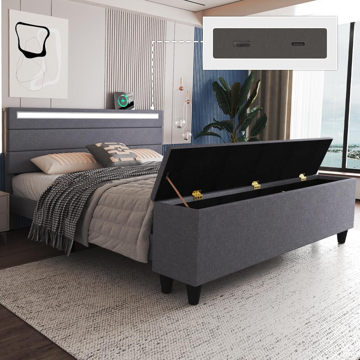 Queen/Full Bed Frame with Storage/Upholstered Headboard with Charging Station