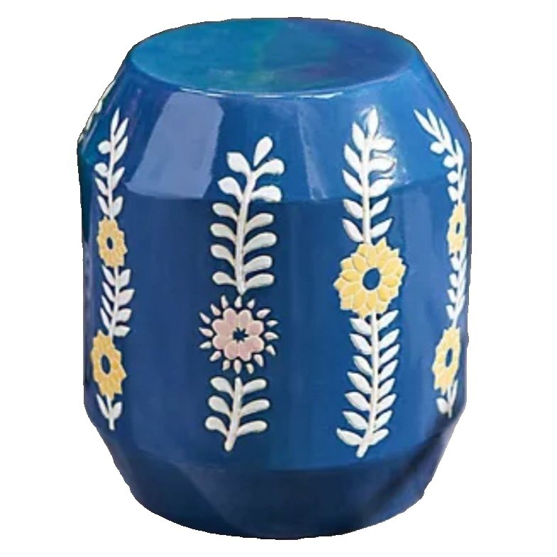 Blue Hand Painted Round Ceramic Garden Seat Stool Indoor Outdoor New In Box