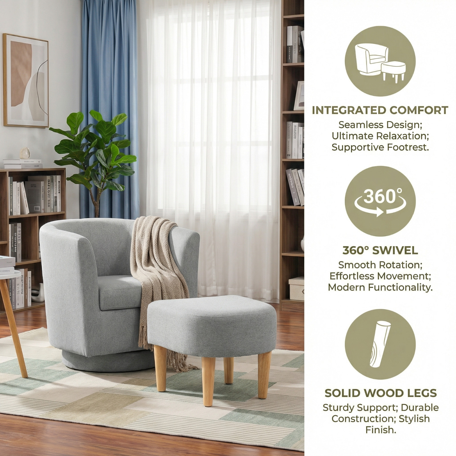 Modern Accent Swivel Armchair Fabric Single Sofa w/Ottoman Chair for Living Room