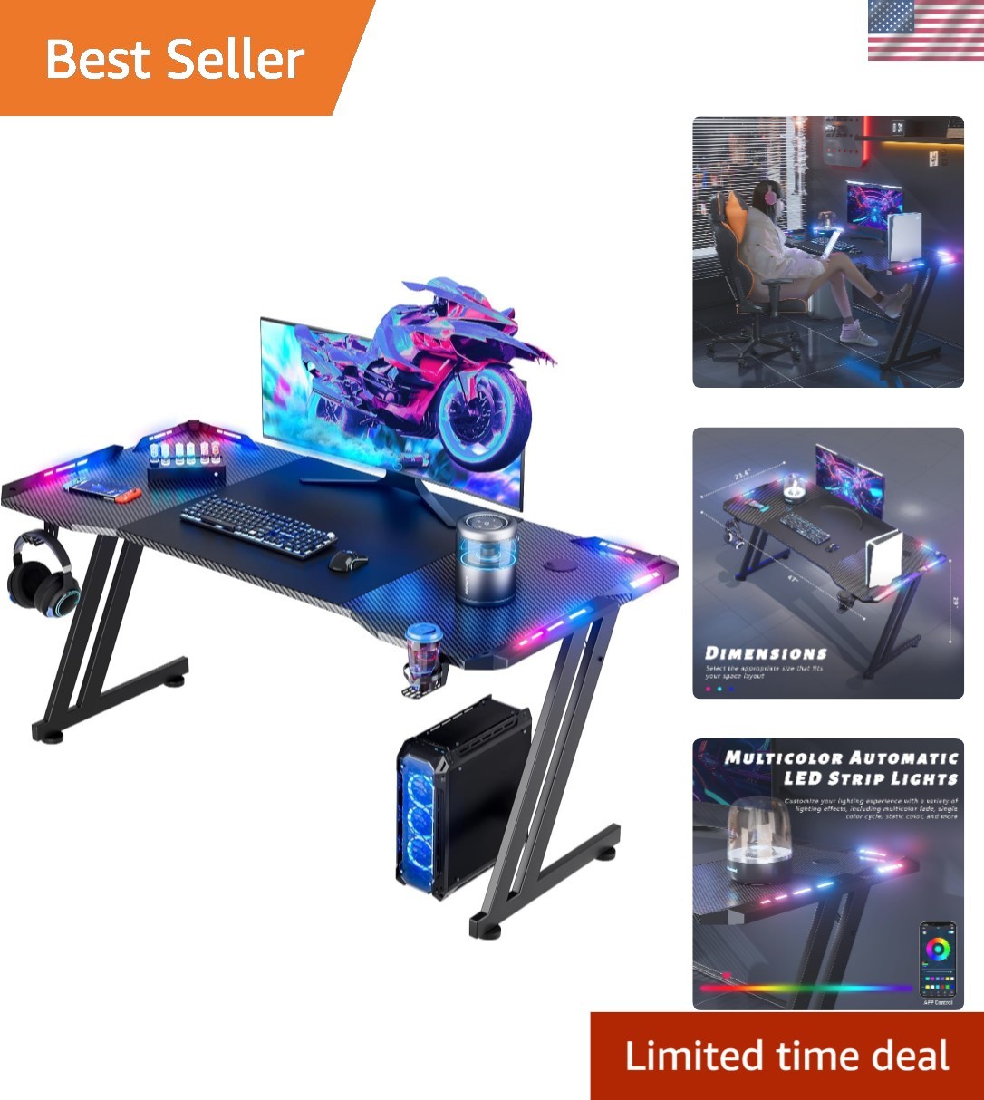 47 Inch RGB Gaming Desk with LED Lighting & Cup Holder – Modern Ergonomic Design