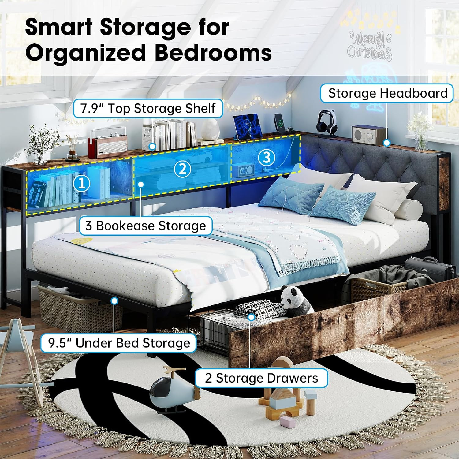 Twin Size Corner Bed Frame with Storage Bookcase and Upholstered Headboard | 2 S