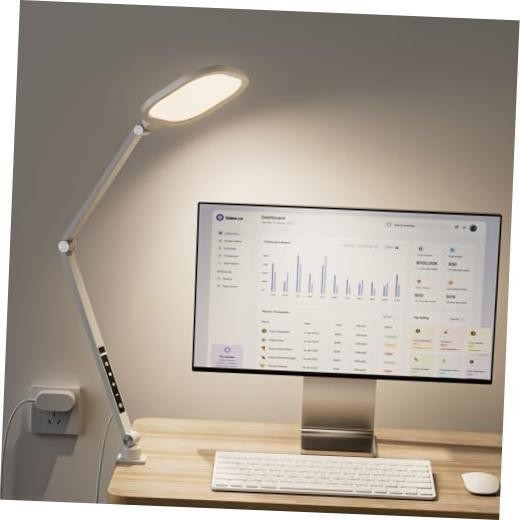 LED Desk Lamp for Home Office with C- Clamp | Swing Arm, Memory, Timer, 1 White