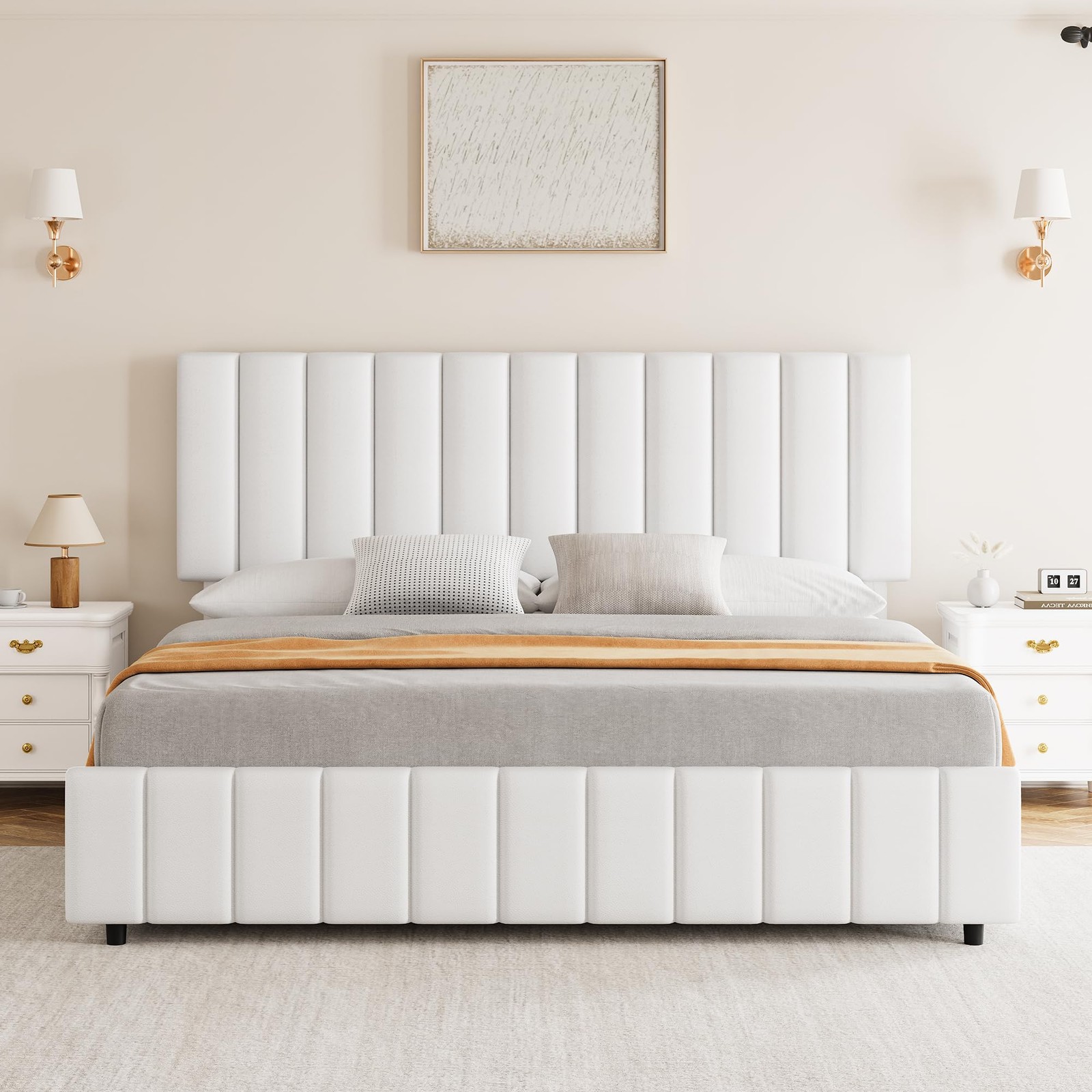 Queen Bed Frame with 4 Drawers ,White PU Leather Upholstered Platform Bed Frame