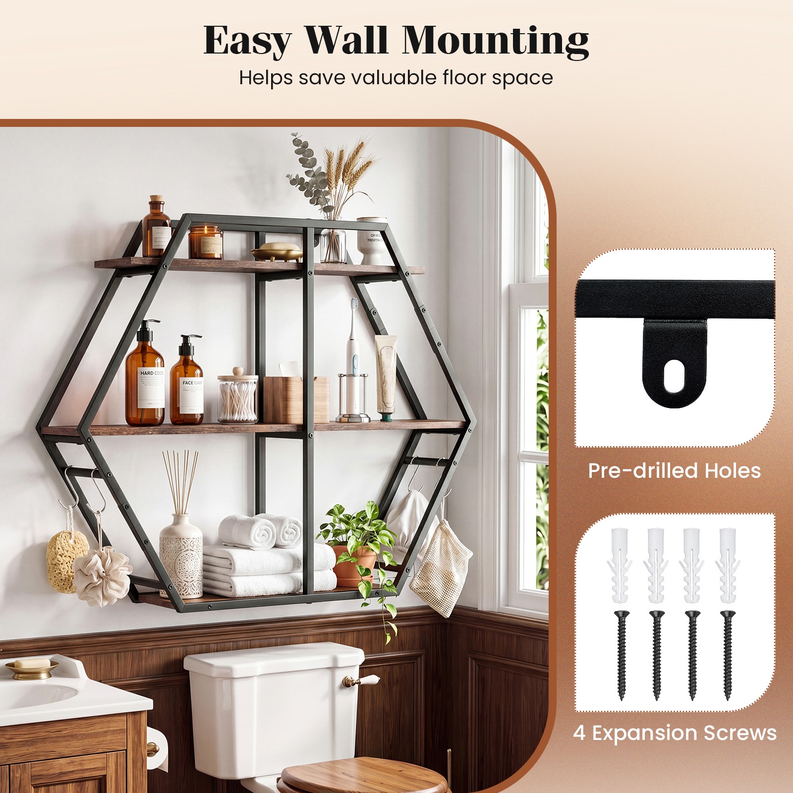 Hexagon Shelf for Wall, 3-Tier Geometric Bookcase w/4 S-Shaped Hooks Metal Frame