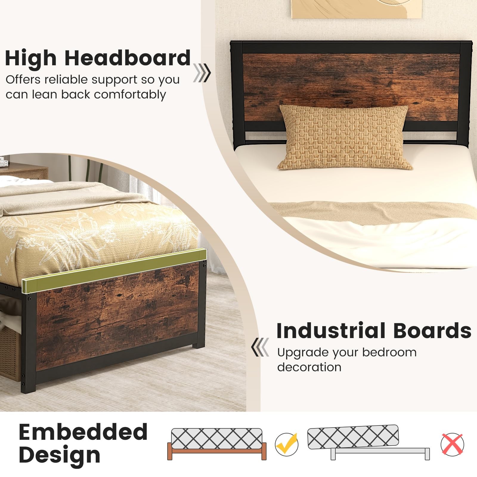 Twin Bed Frames for Kids, Industrial Metal Platform Bed with Headboard, Metal…