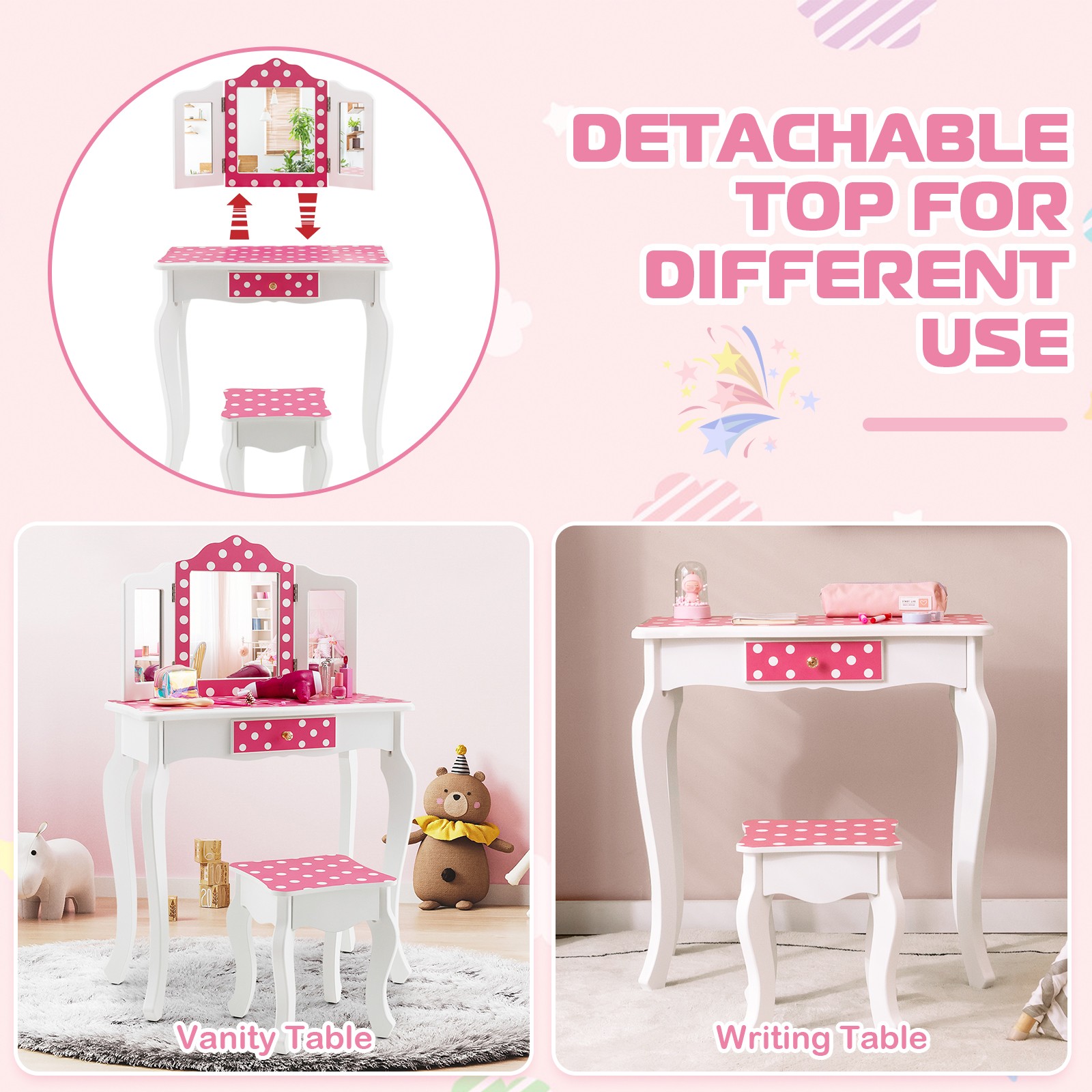 Kids Dressing Table Stool Set Vanity Set w/Polka Dot Print Table & Chair Pink