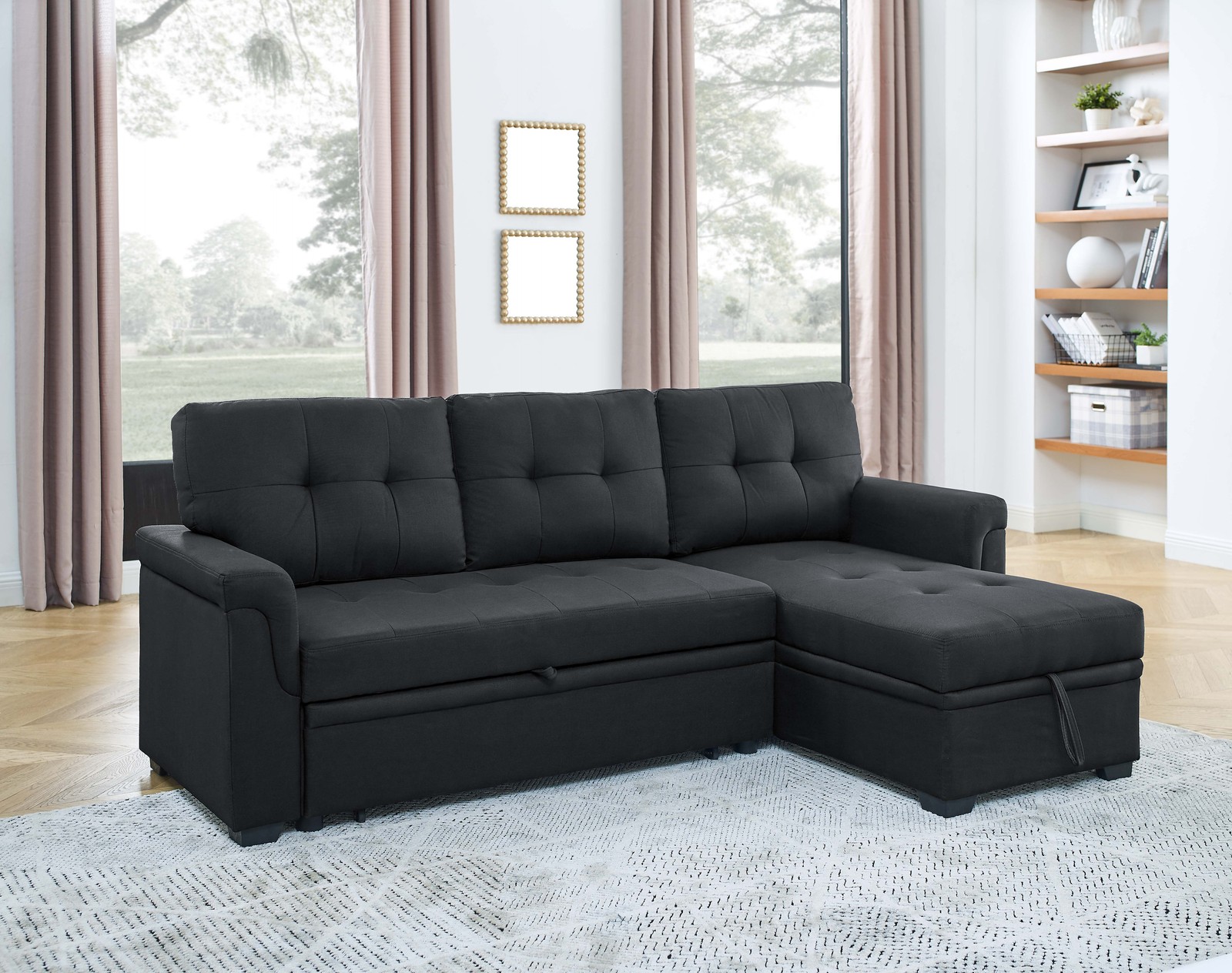 86″ Upholstered Pull-Out Sofa Bed in Black Polyester Fabric