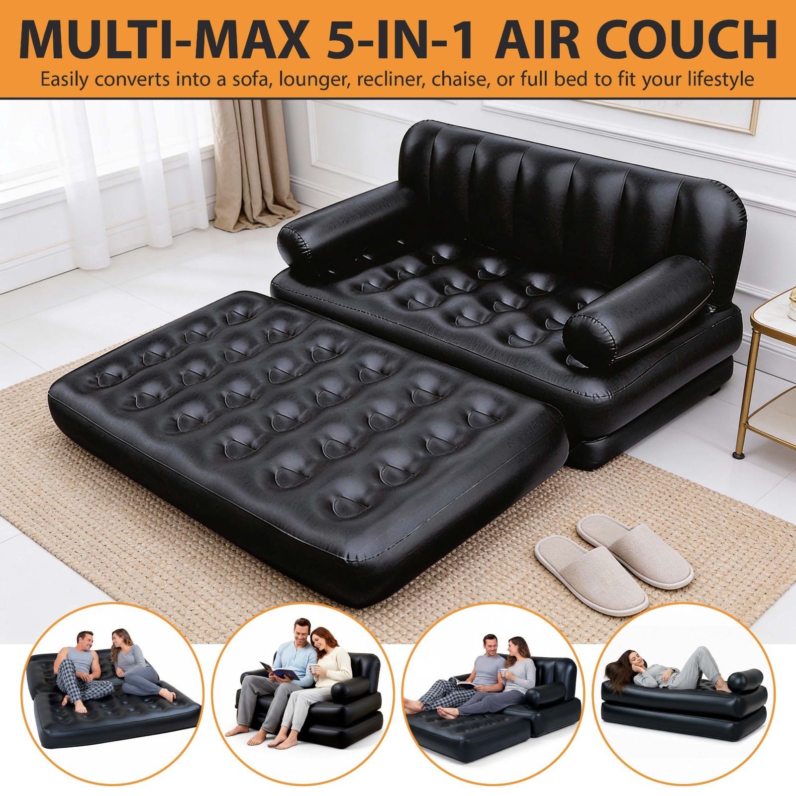 5 in 1 INFLATABLE DOUBLE SOFA LOUNGER COUCH AIRBED MATTRES SOFABED FAST