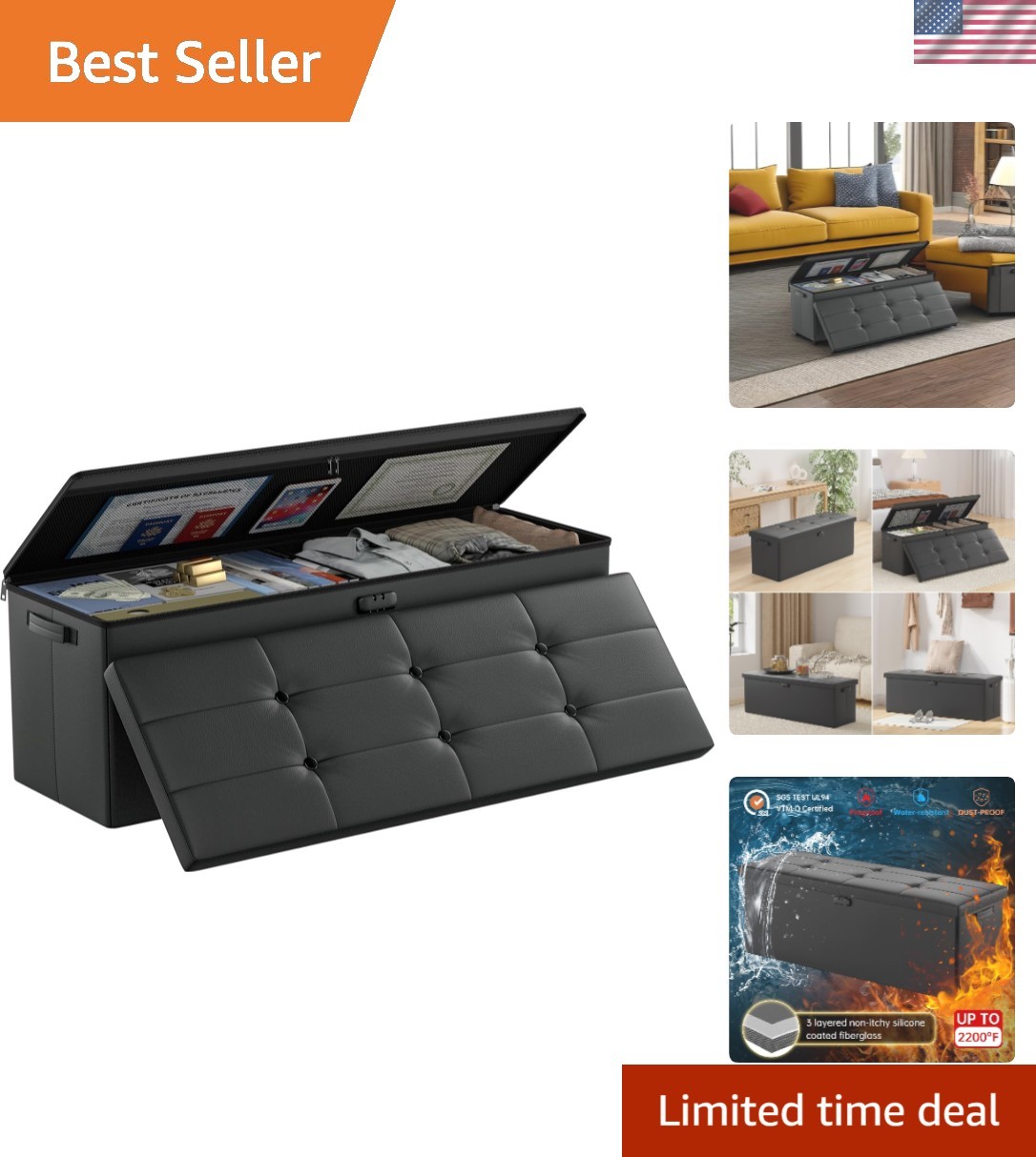 Modern Fireproof Ottoman Bench with Lock – Secure Storage & Stylish Seating, 43″