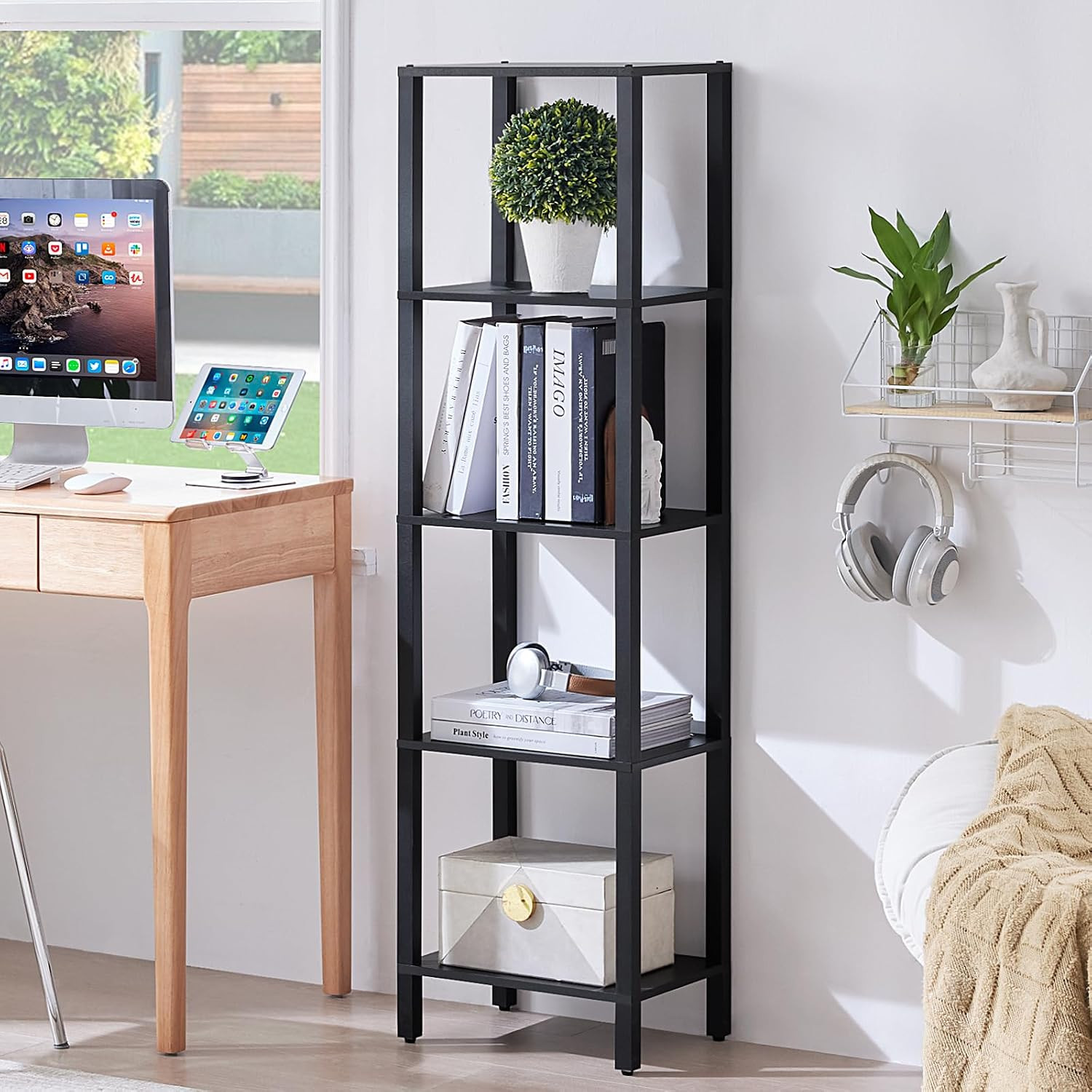 54In Tall Bookshelf 5-Tier Small Narrow Bookcase, Skinny Book Shelf