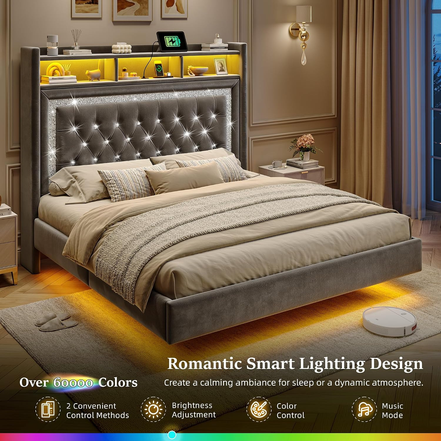 Queen Floating Bed Frame, Charge Station & LED Lights, Grey | 54″ Tall Velvet St
