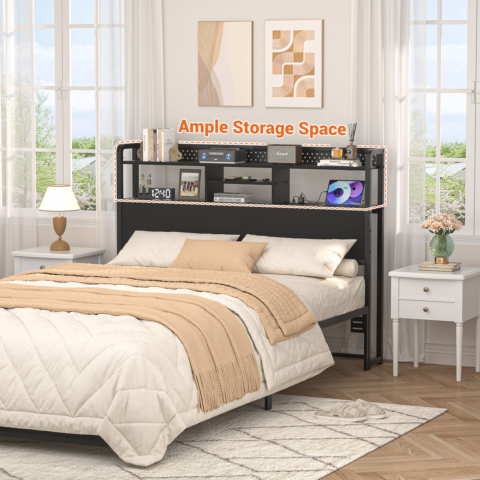 Headboard for King/Queen/Full Size Bed with Storage Shelf & Outlets & RGB Light