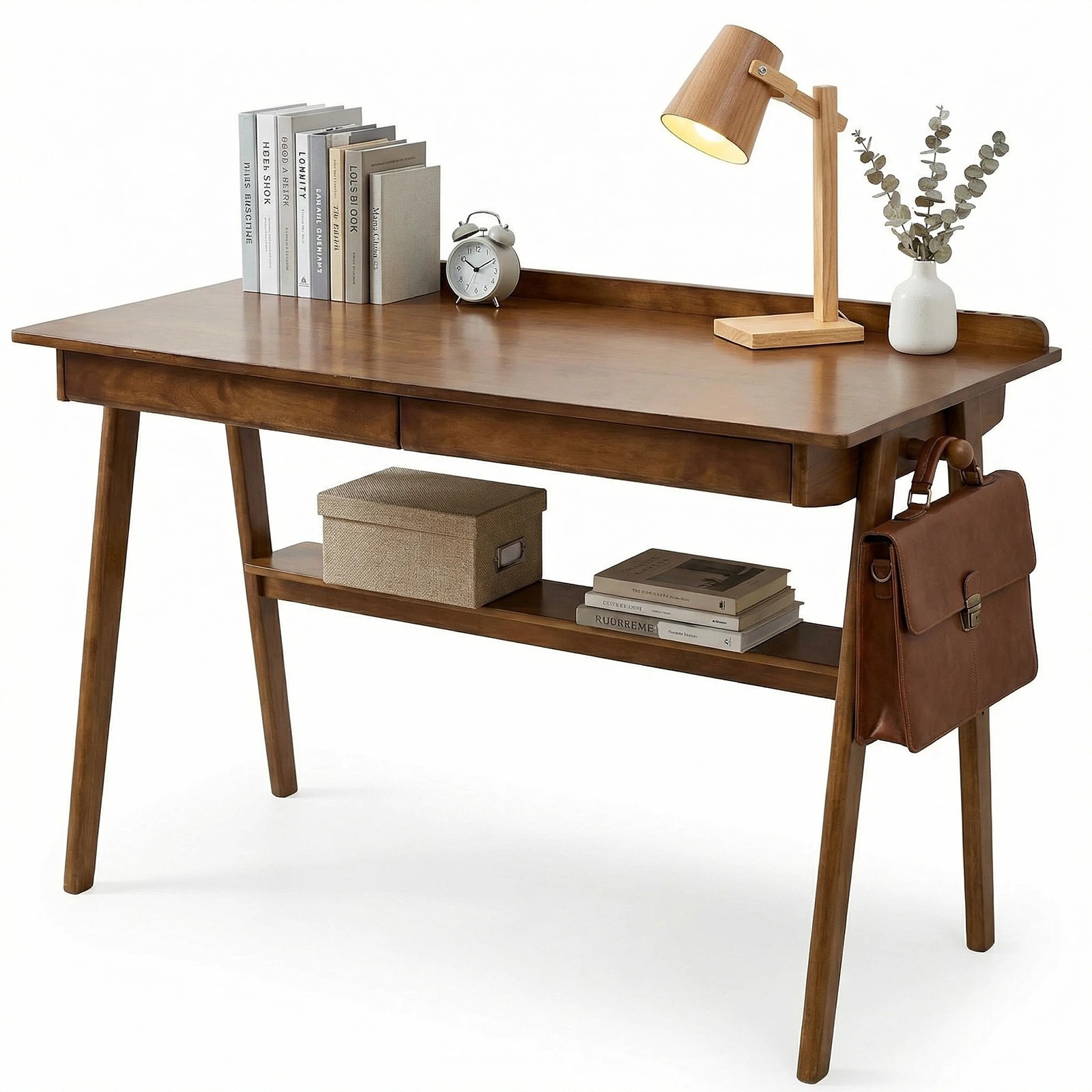 Solid Wood Writing Desk Mid Century Modern 2 Drawers Storage Shelf Walnut