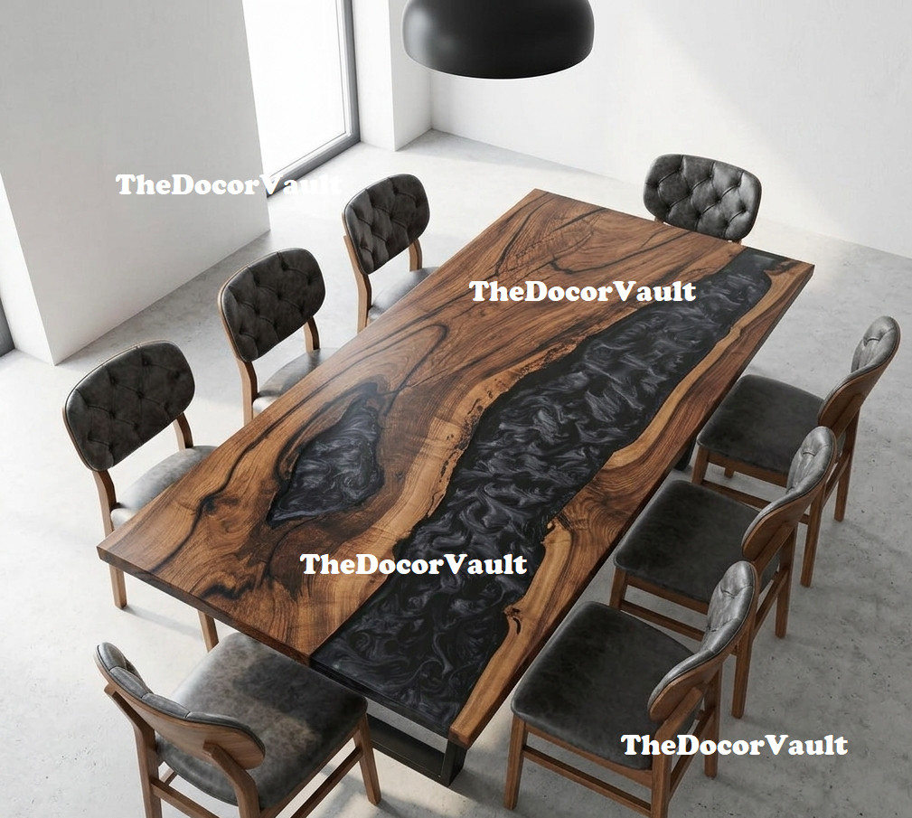 Handmade Walnut River Table Top – Black Epoxy Live Edge Dining Table Custom Size