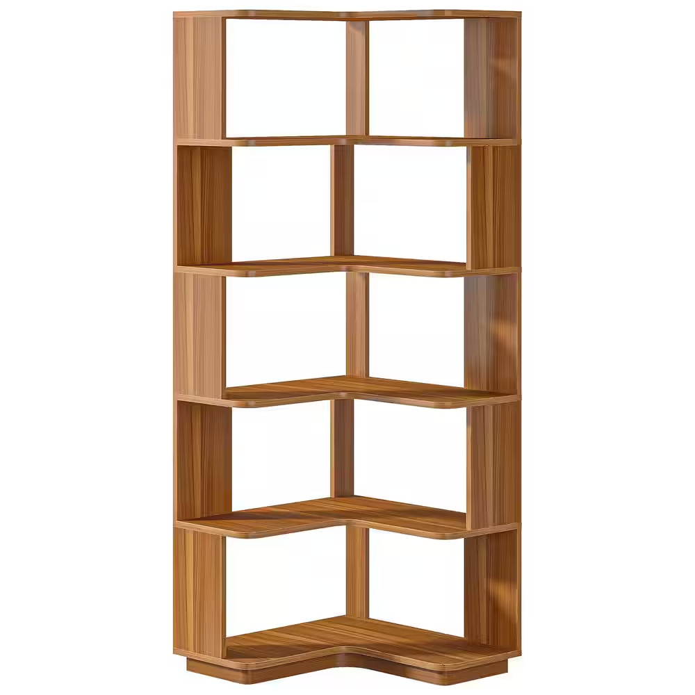Eula 65 In. Tall Brown Wood 6-Shelf Etagere Standard Farmhouse Corner Bookcase H