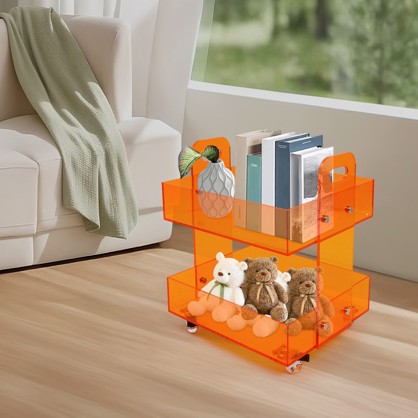 Orange Acrylic Side Table, Storage Rack with Wheels, Acrylic Bedside Table