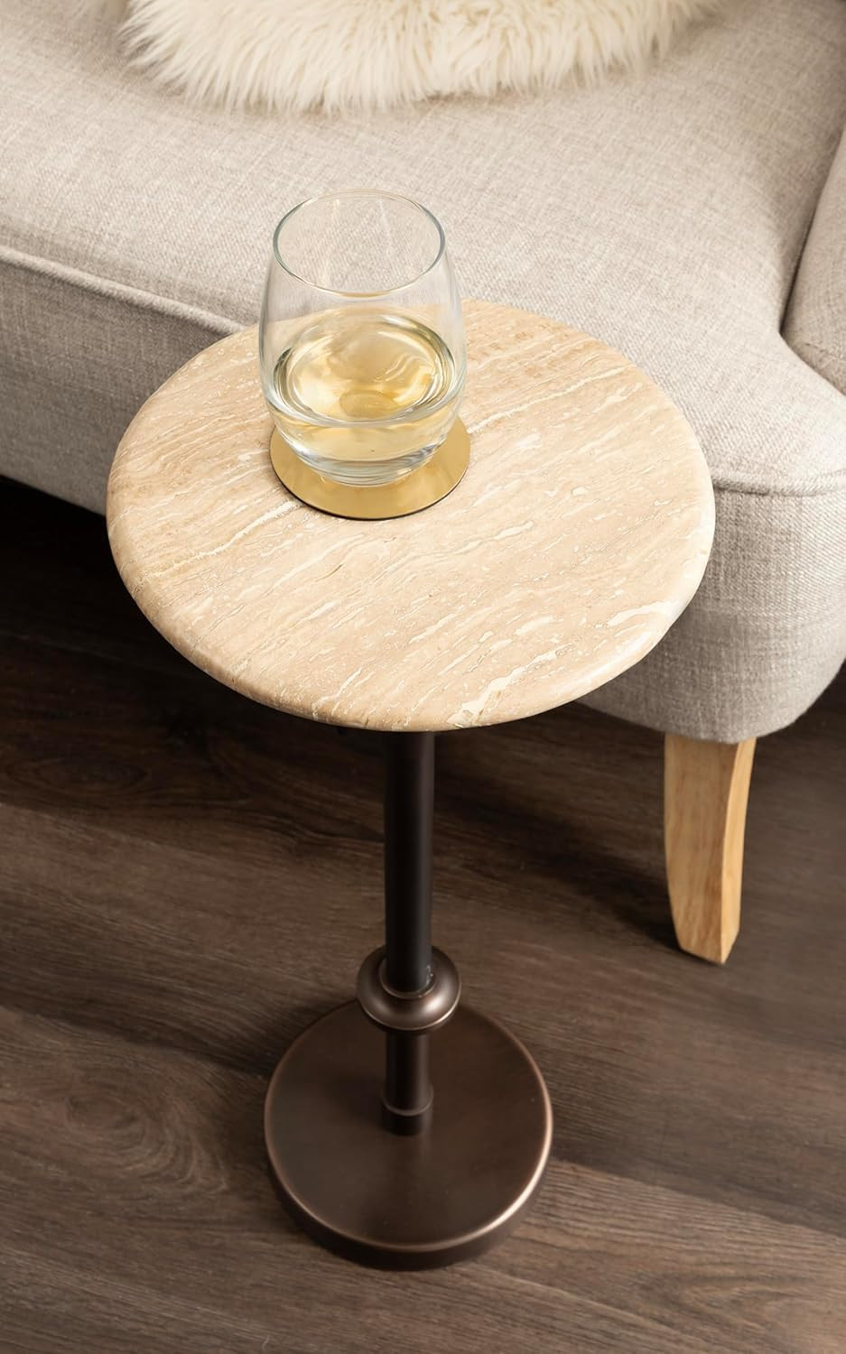 Adjustable-Height Round Drink Table with Natural Travertine Top and Bronze Base