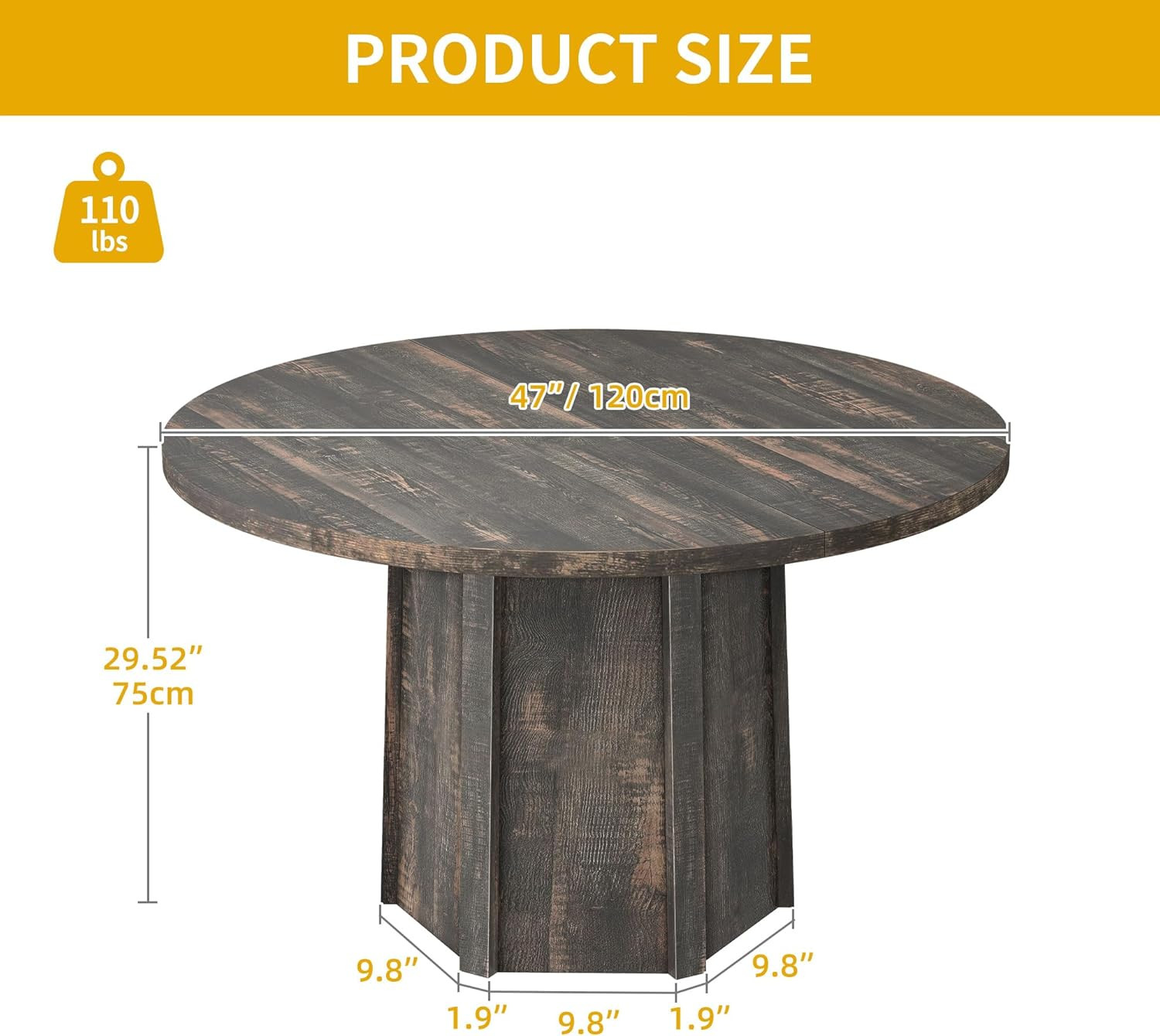 Rustic 47″ Round Farmhouse Dining Table for 4-6 with Unique Hexagonal Base