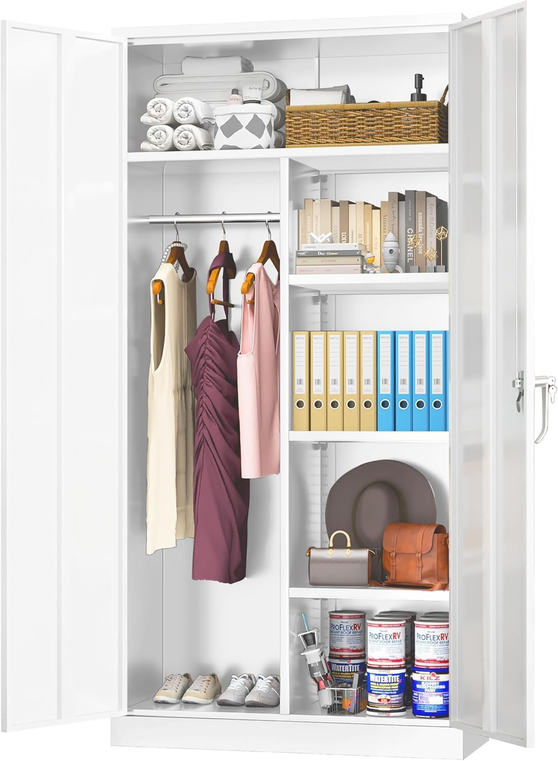 Garage Cabinets with Wheels, 73″ H Metal Locking Cabinet with 2 Doors and 4 Shel
