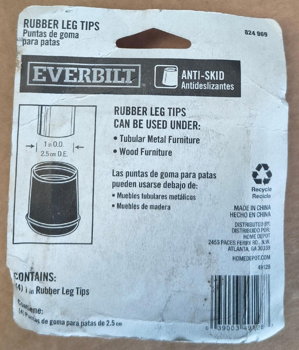4PK EVERBILT Anti-Skid 1 in. Rubber Leg Tips Caps Table Chair Floor Protection