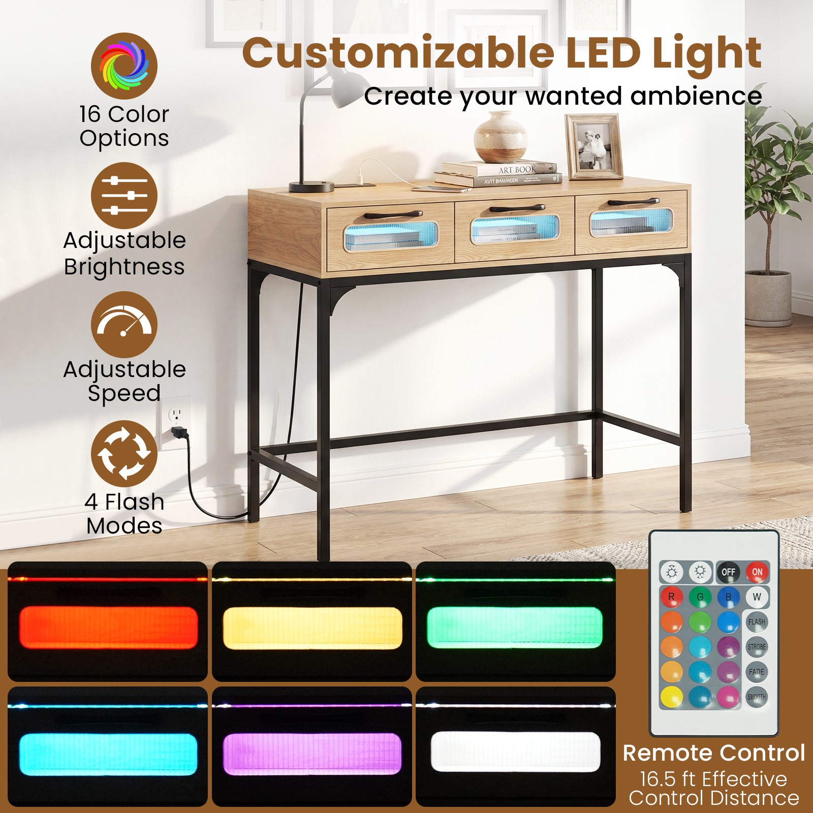 Console Table with LED Lighting & Charging Station,Entryway Table with 3 Drawers