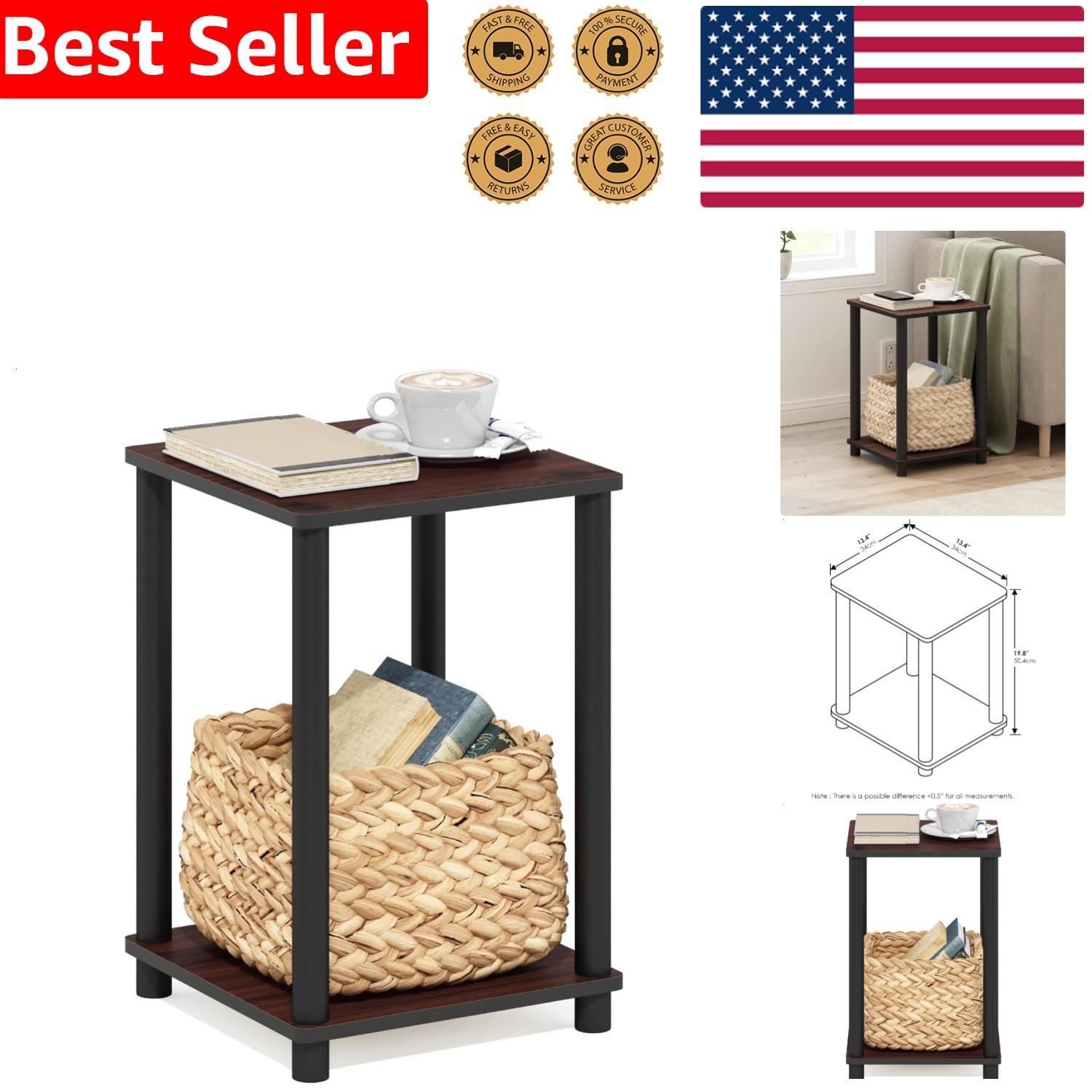 Contemporary Dark Cherry Side Table 2-Tier Modern Square Toolless Nightstand
