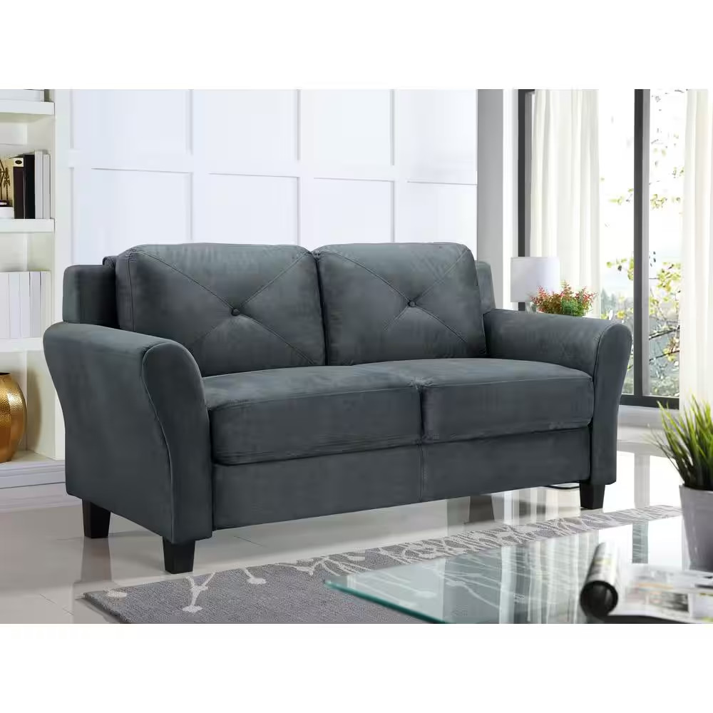 Harvard 58 In. Dark Gray Microfiber 2-Seat Loveseat with round Arms