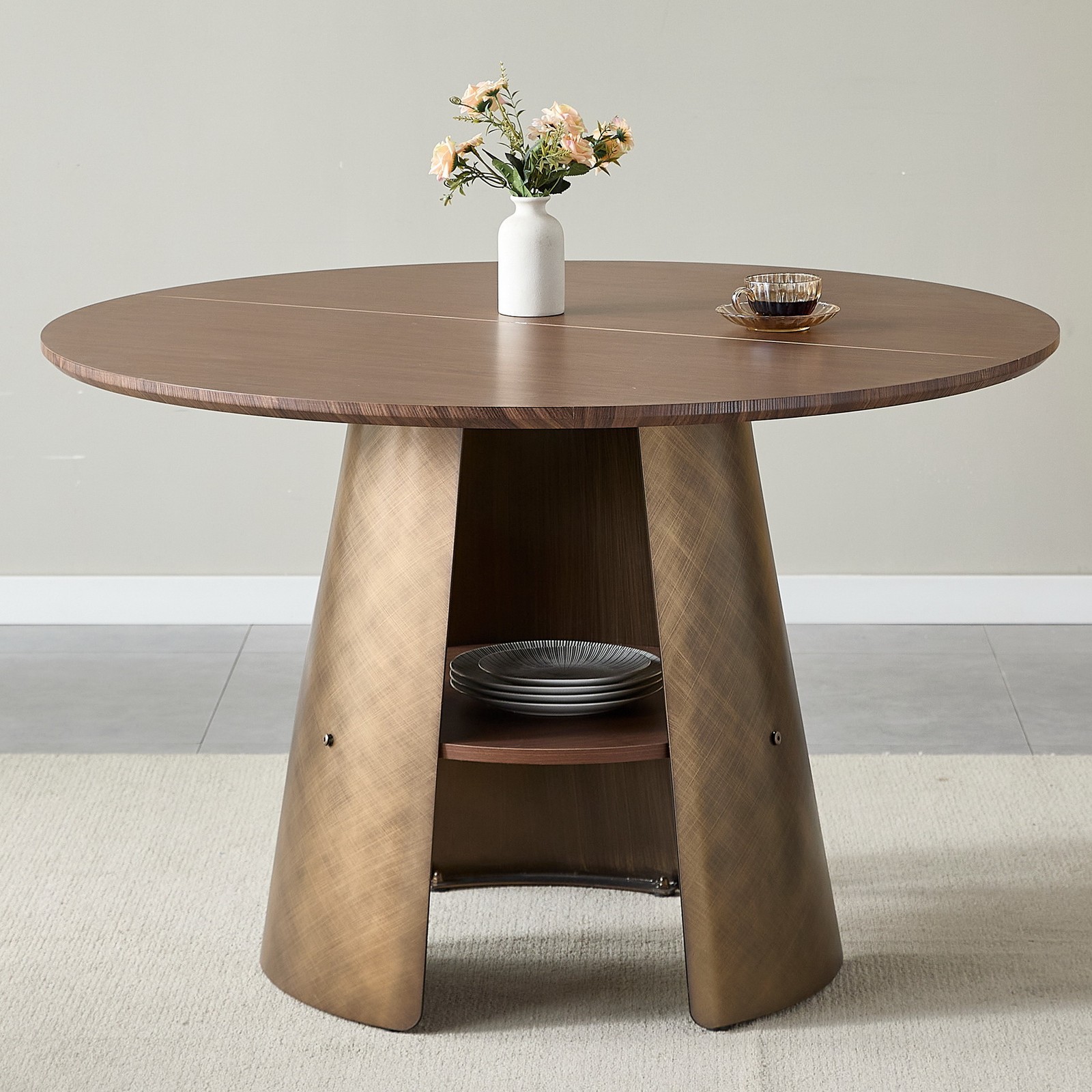 47″ Round Dining Table Brushed-Bronze Pedestal Middle Shelf 4-6 People Kitchen