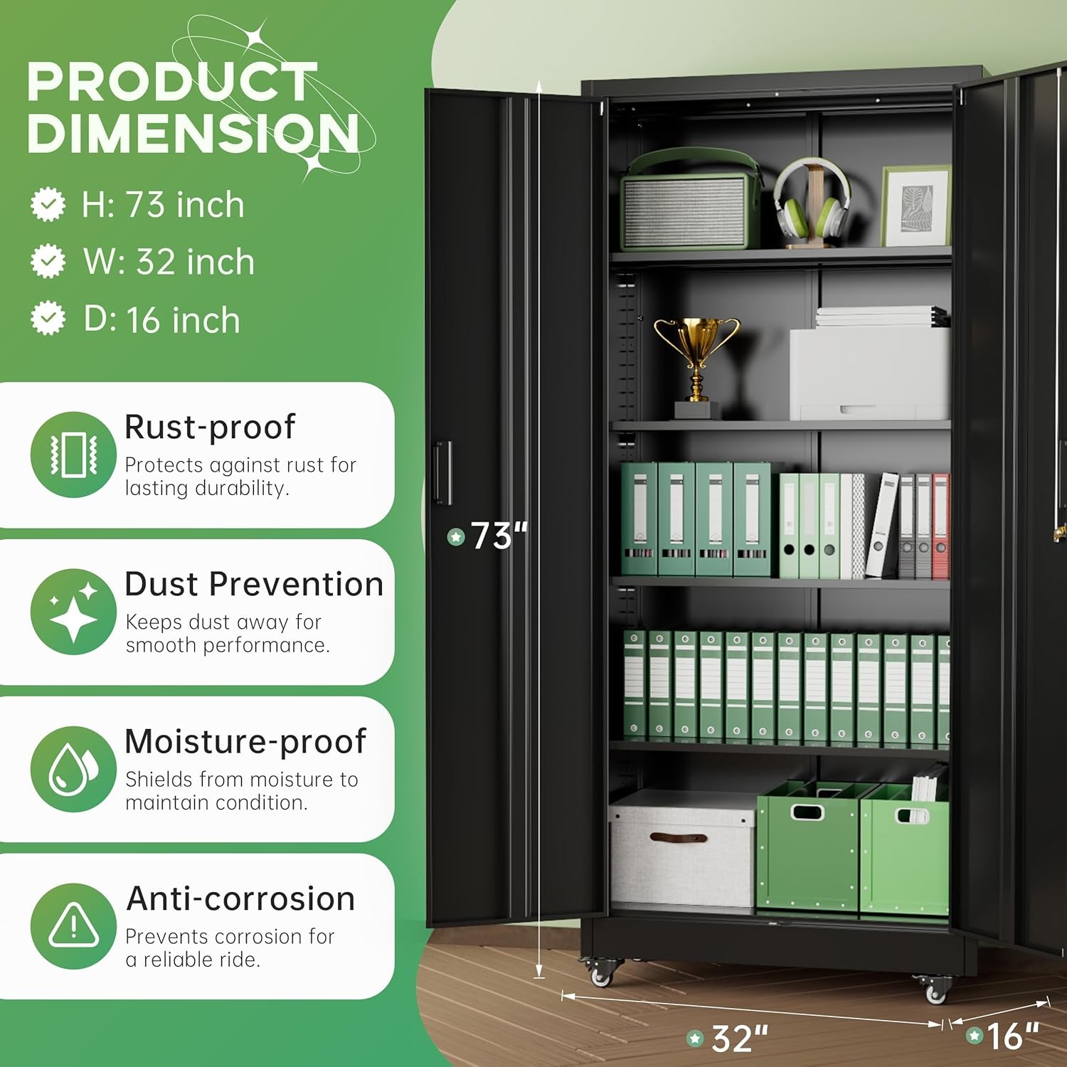 73 Inch Rolling Storage Cabinet Black INTERGREAT