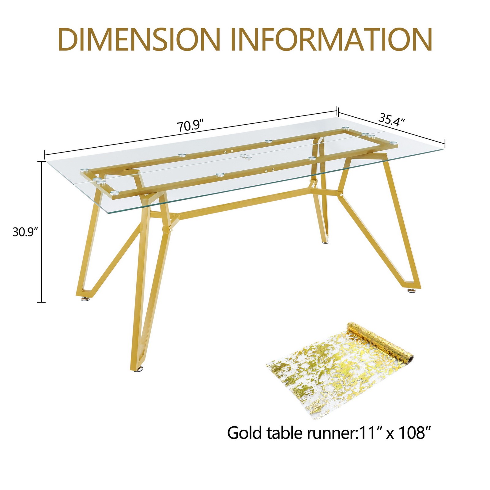 W70.9″ Gold Iron Legs Tempered Glass Rectangular Dining Table 8 People w Runner