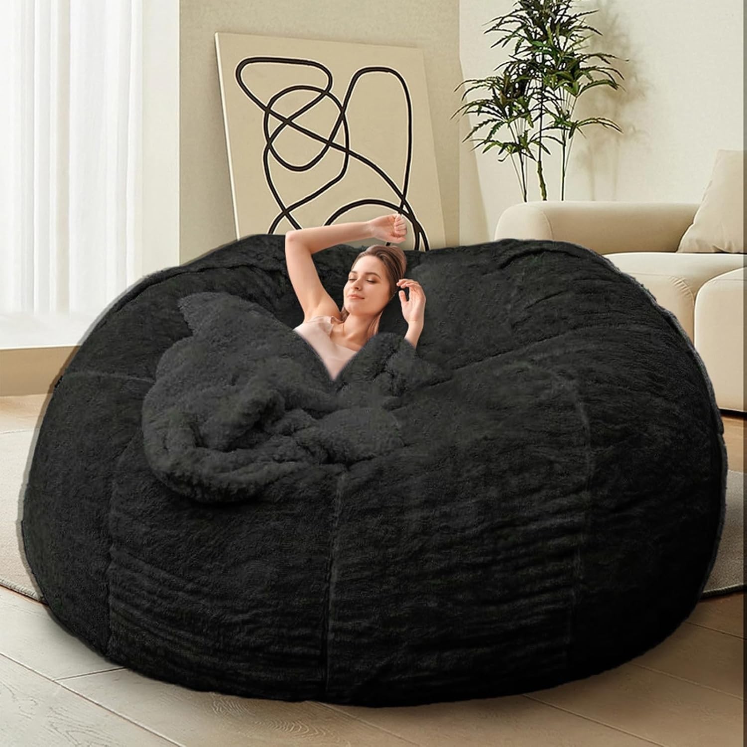Giant 6FT Black Bean Bag Chair Cover for Comfy Relaxation, Adults & Kids