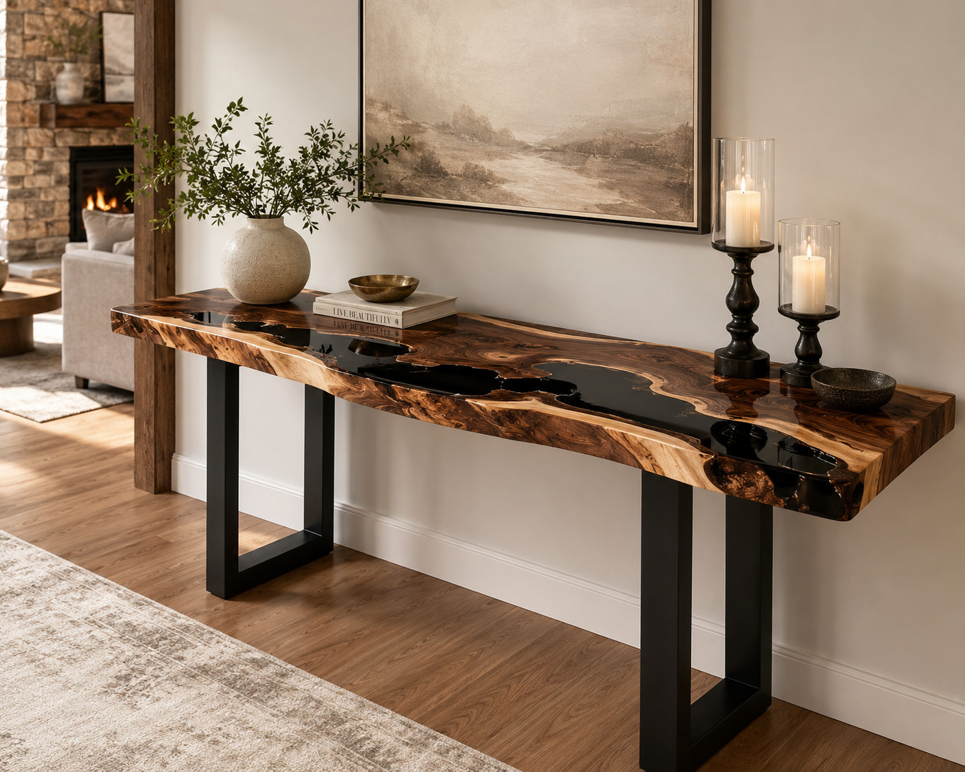 Black Epoxy River Console Table | Live Edge Olive Wood Entryway Table | Handmade