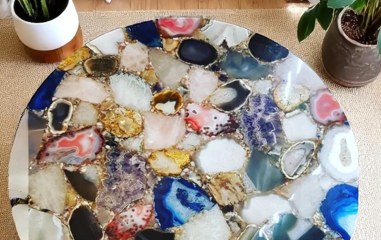 Mix Agate Stone Round Coffee Table Modern Handmade Arts Luxury Home & Garden Top