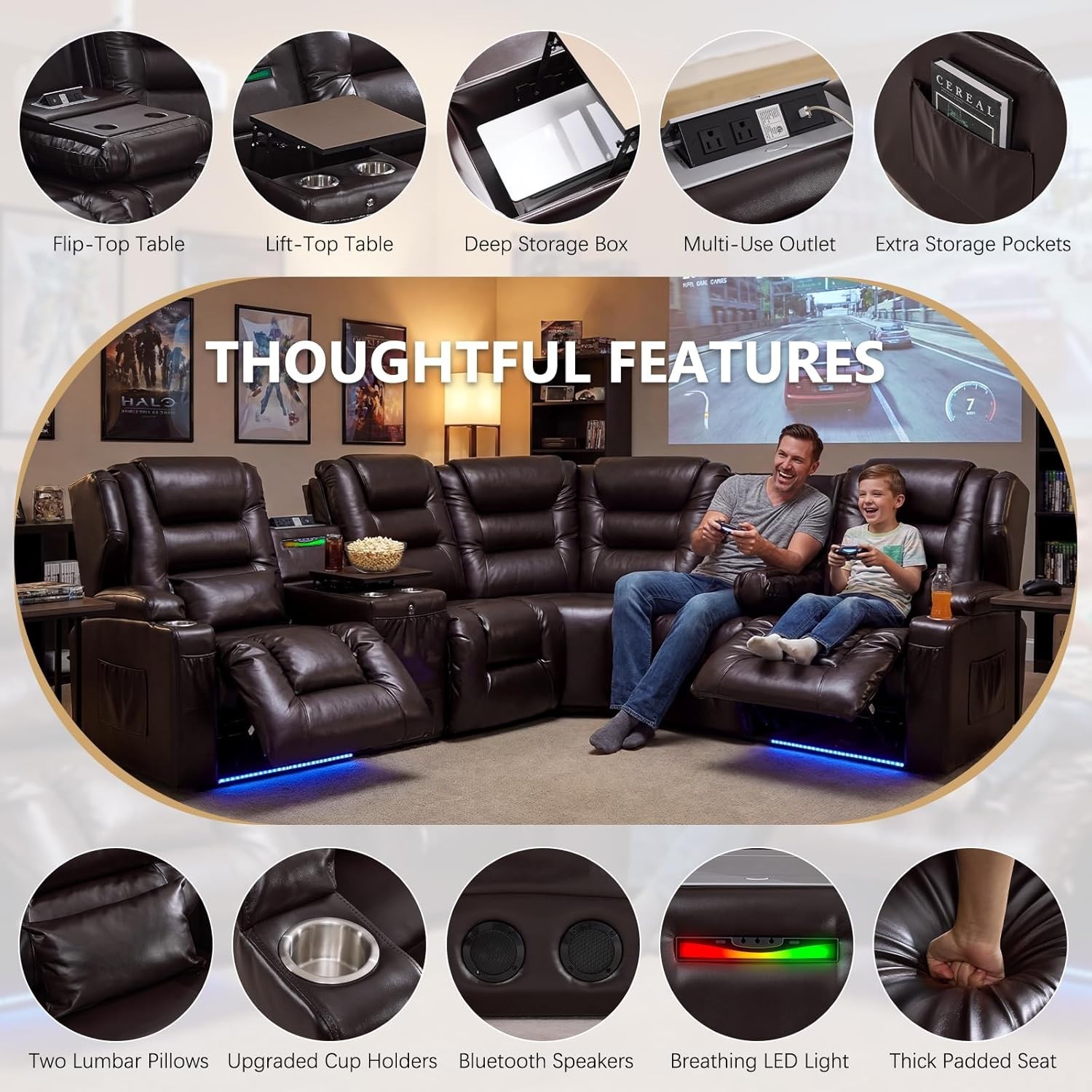 Recliner Sofa Power Reclining Sectional Sofa Set w/ Console&Bluetooth&LED Lights