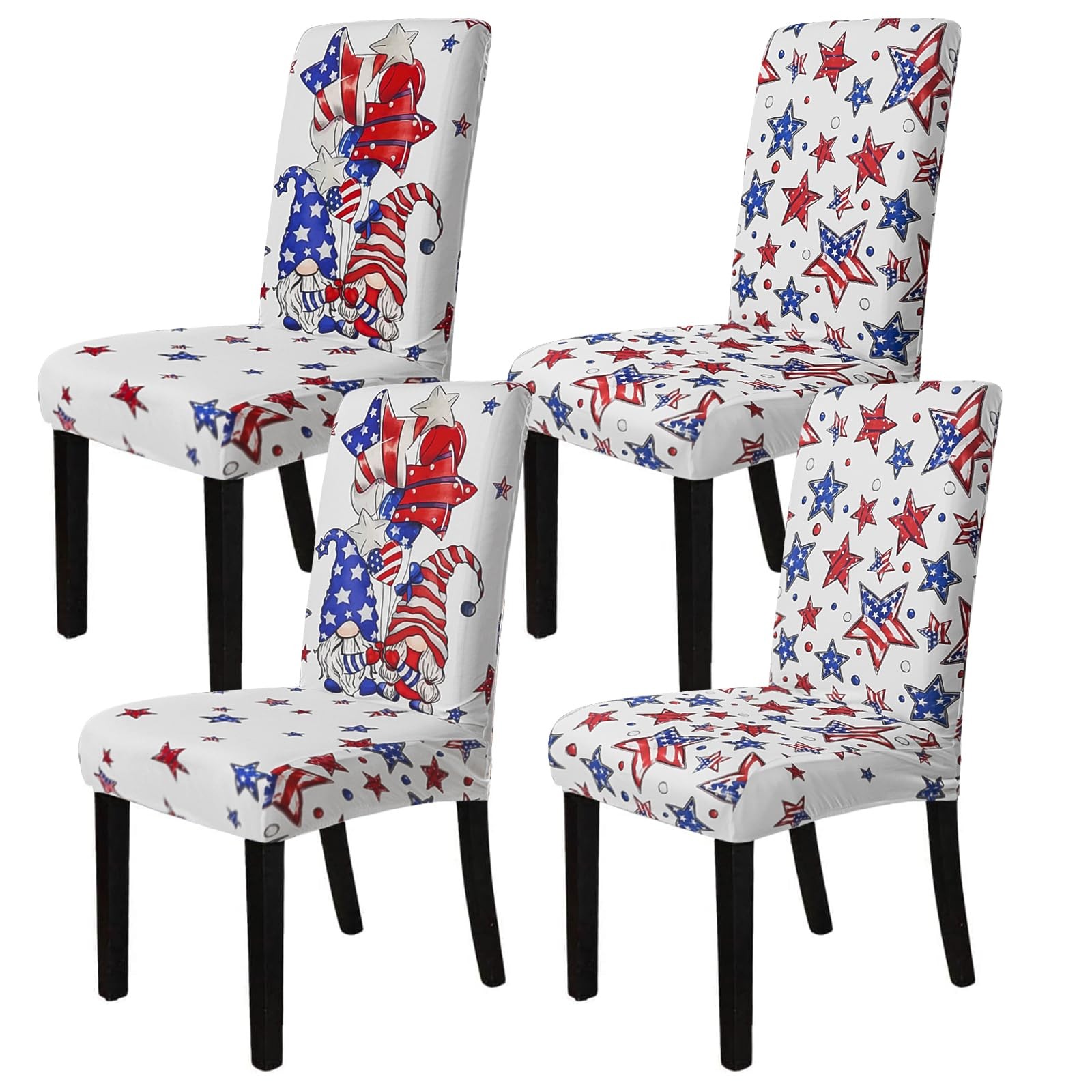 4th of July Chair Covers Set of 4 Gnomes Blue Red Stars Dining Room Slipcover…