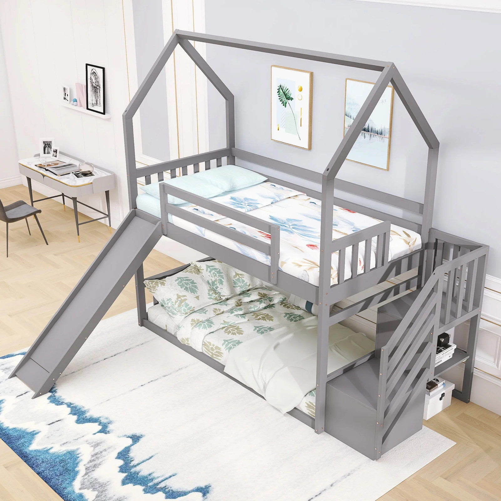 Twin House Bunk Bed with Staircase for Kids, Solid Wood Bunk Bed with Storage, G
