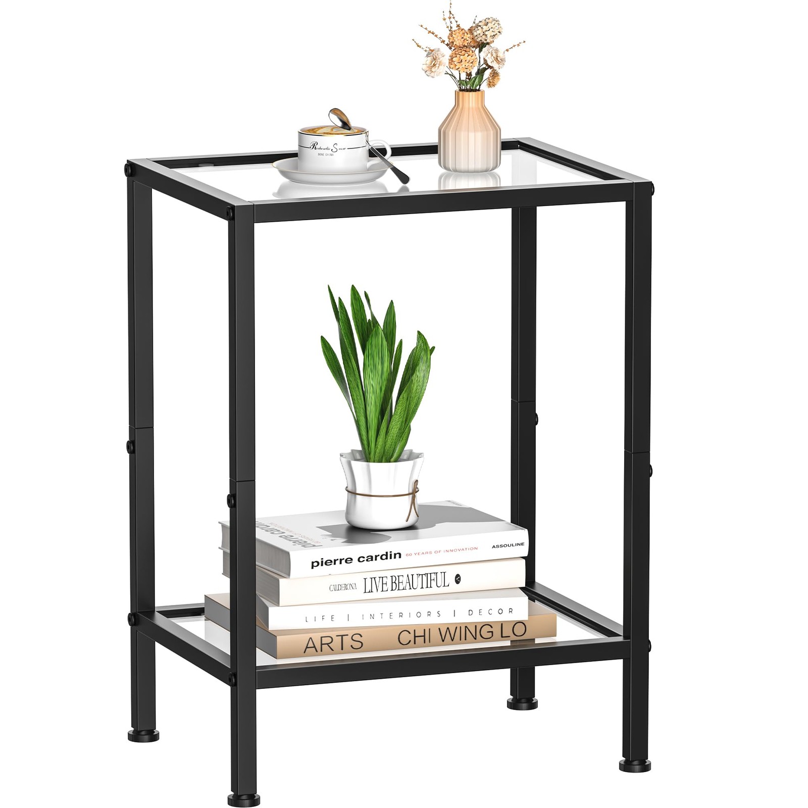 Glass Side Table, Tempered Glass End Table, 2-Tier Nightstands with Open Shel…