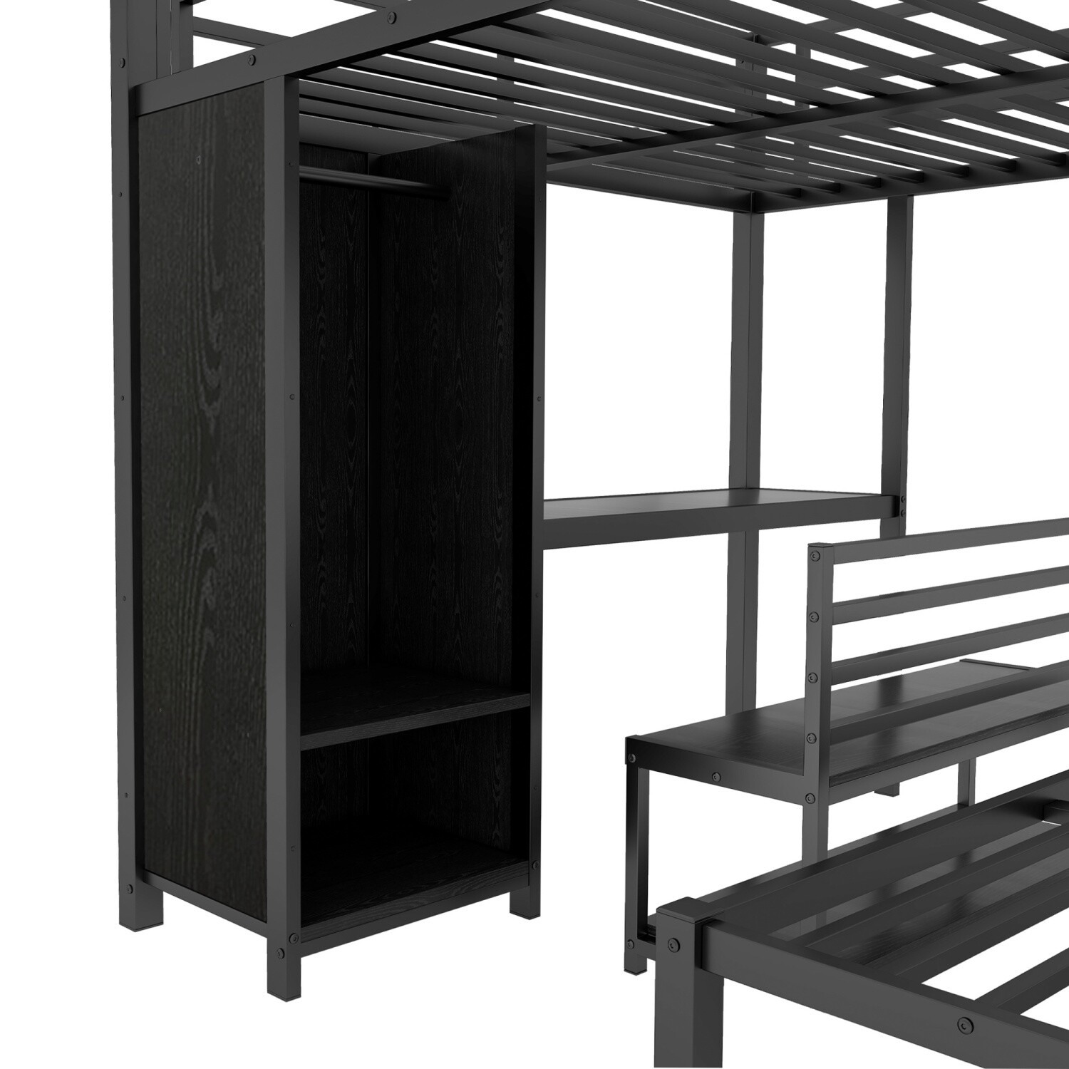 Queen Over Queen Metal Bunk Bed Frame with Wardrobe & Desk & Storage Chair Black