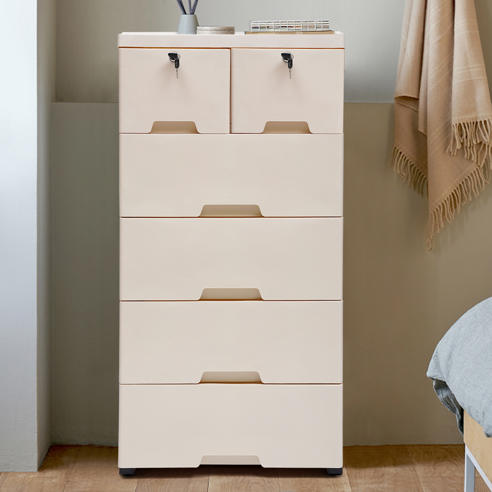Storage Cabinet 6-Drawer, Thickened Top Panel, Load-Bearing 30kg/66lbs, Beige