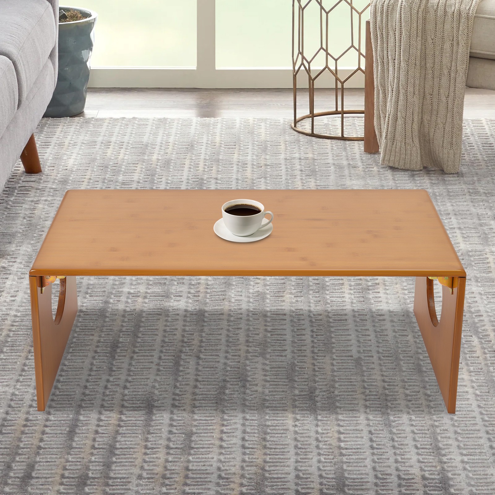 Brown Folding Floor Coffee Table, Foldable Low Portable Coffee Table for Sitting