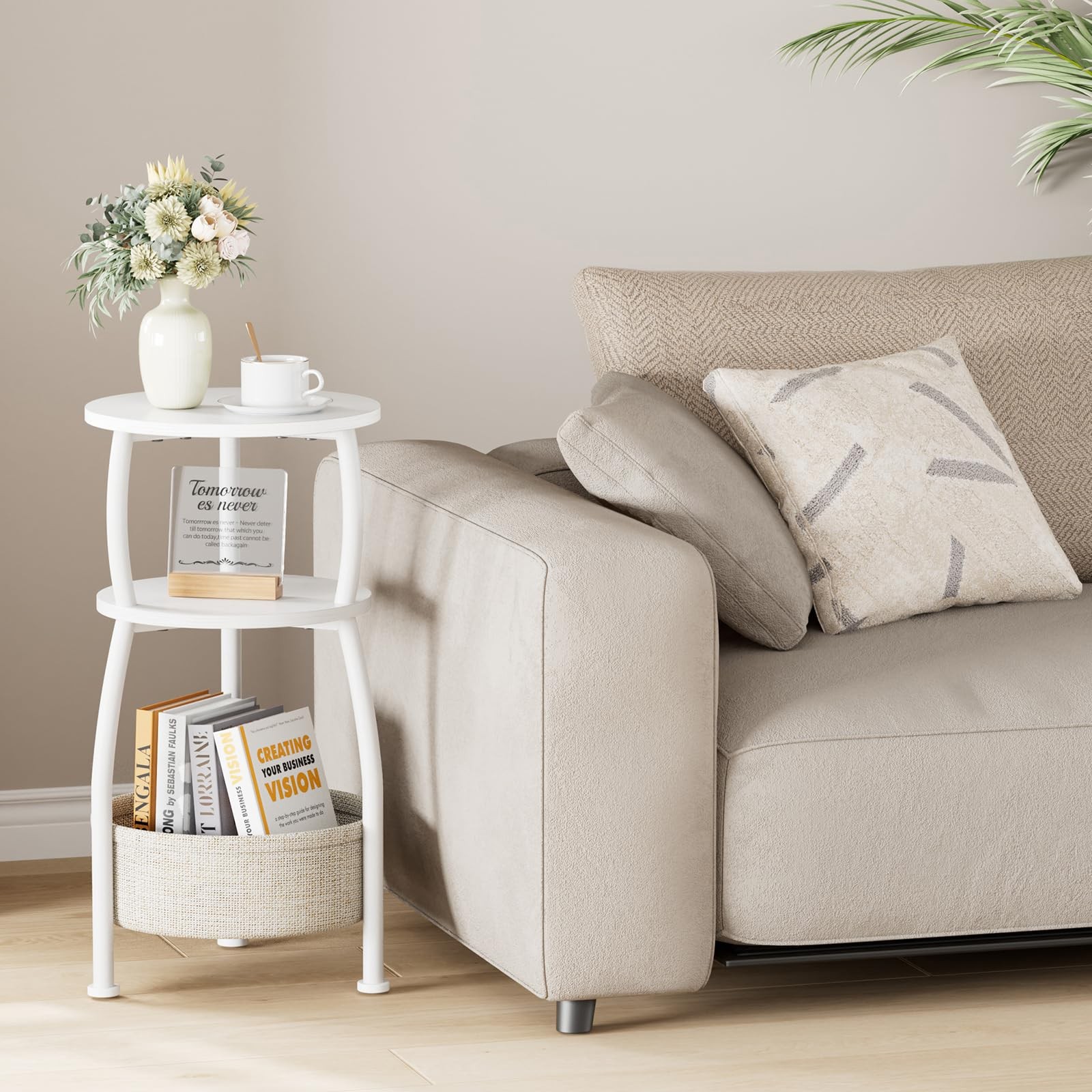 Matte White Small Round Side End Table Storage Basket 3Tier 24 Inch Tall