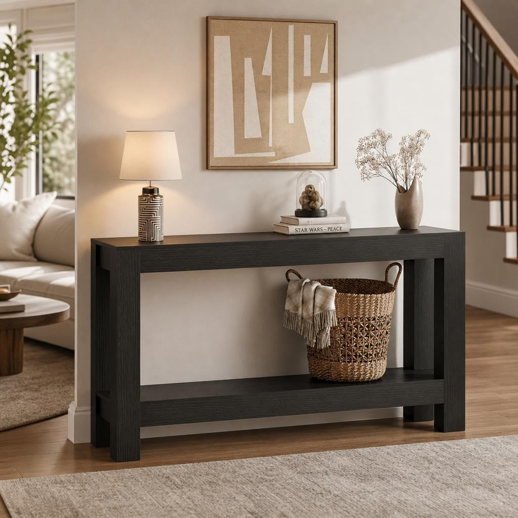 63″ Farmhouse Console Table – 2-Tier Black Entryway Sofa Table for Living Room