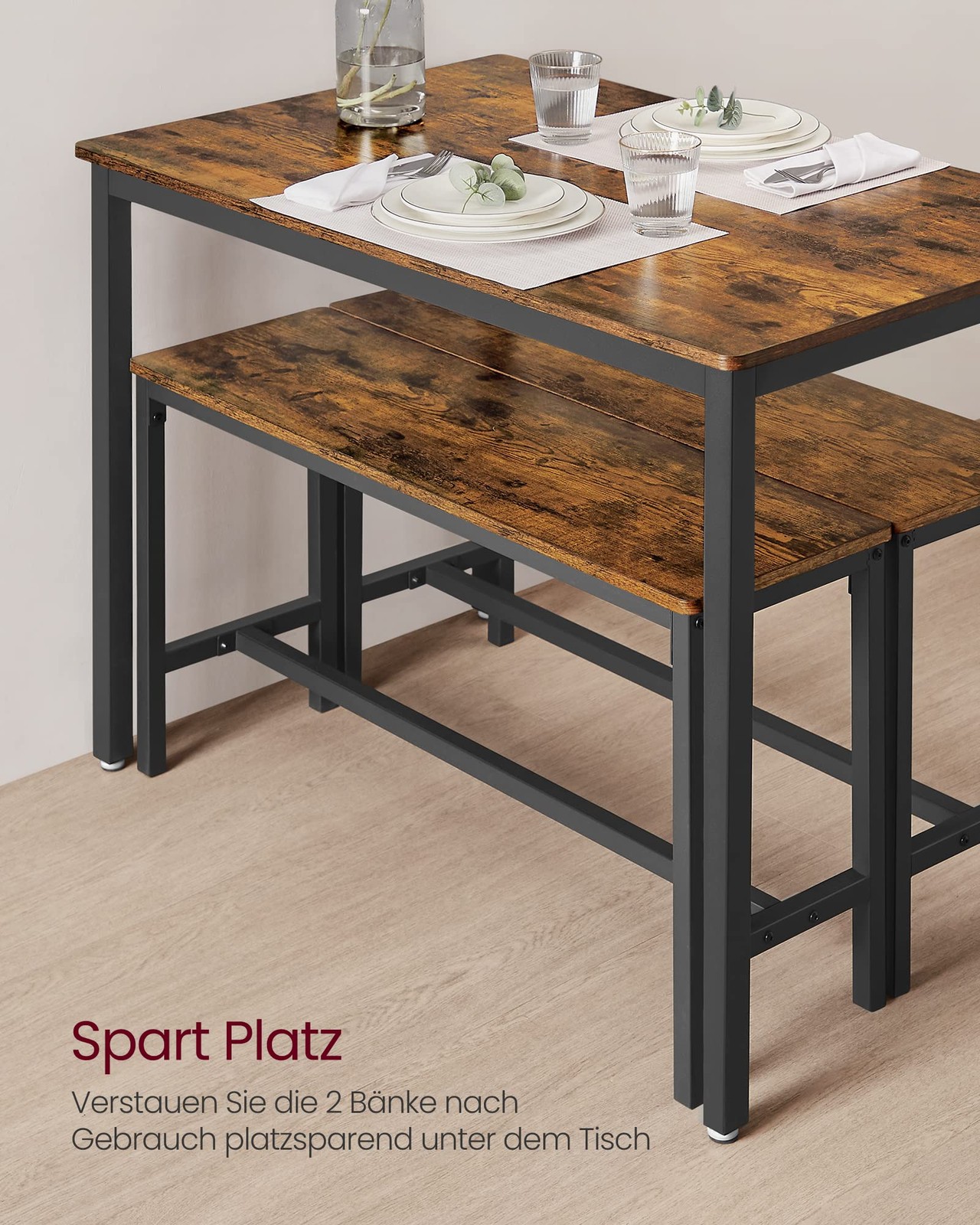 Dining table with 2 benches, set of 3, kitchen table 70 x 110 x 75 cm, 2 benches each 30 x…