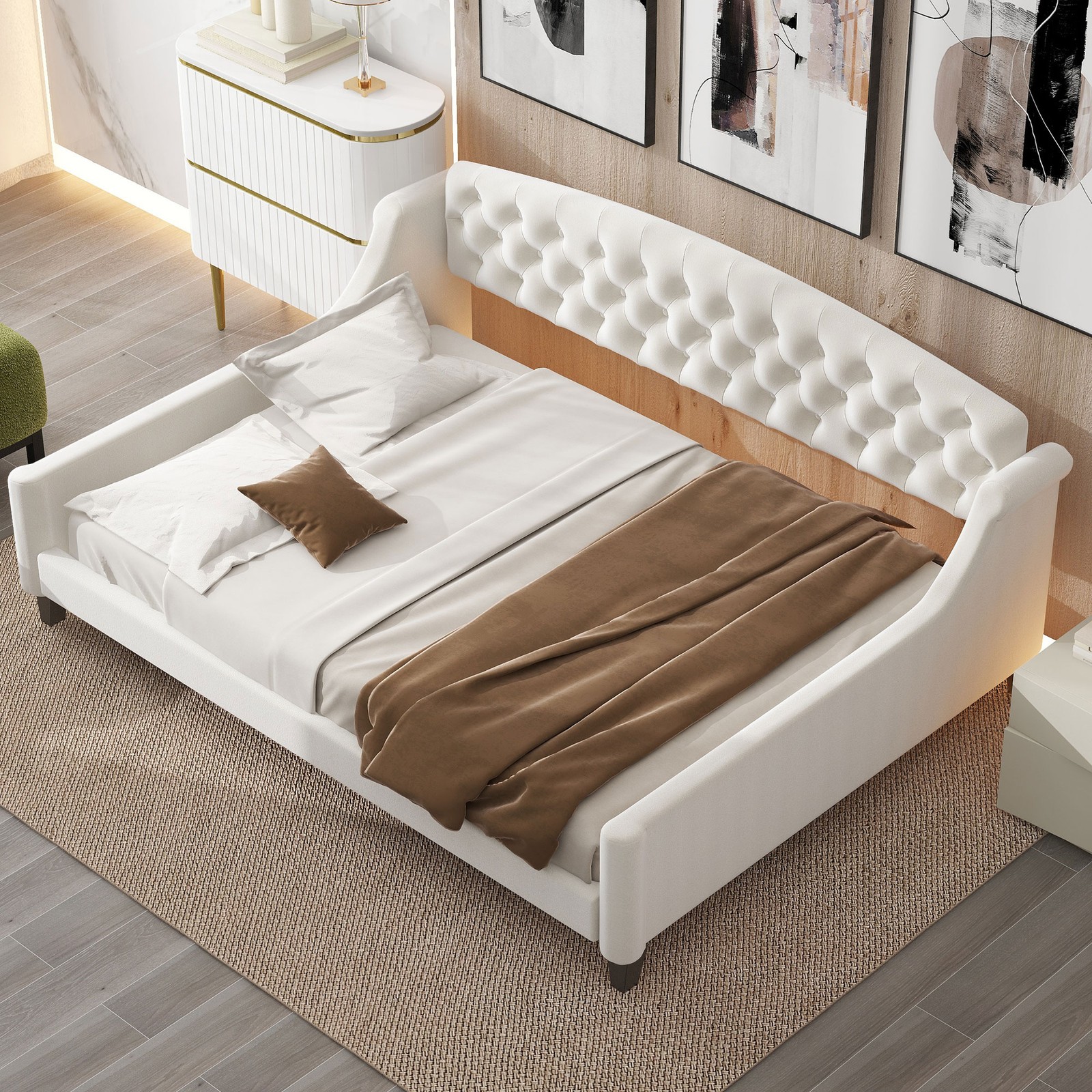 Full Size Daybed Tufted Button Daybed Upholstered Sofa Bed for Living Room Beige