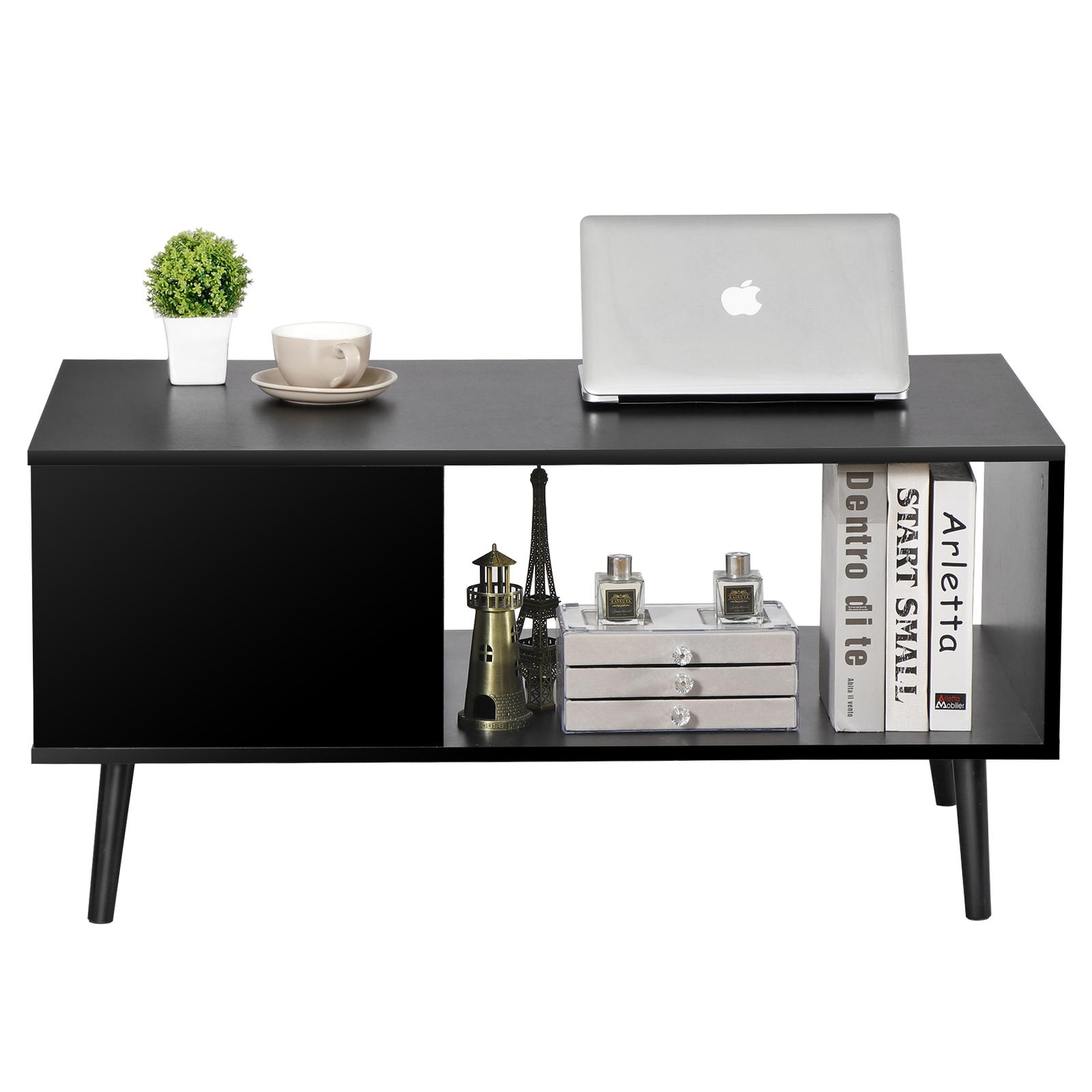 Modern Coffee Table with Storage Wood Grain Finish Living Room Furniture Black