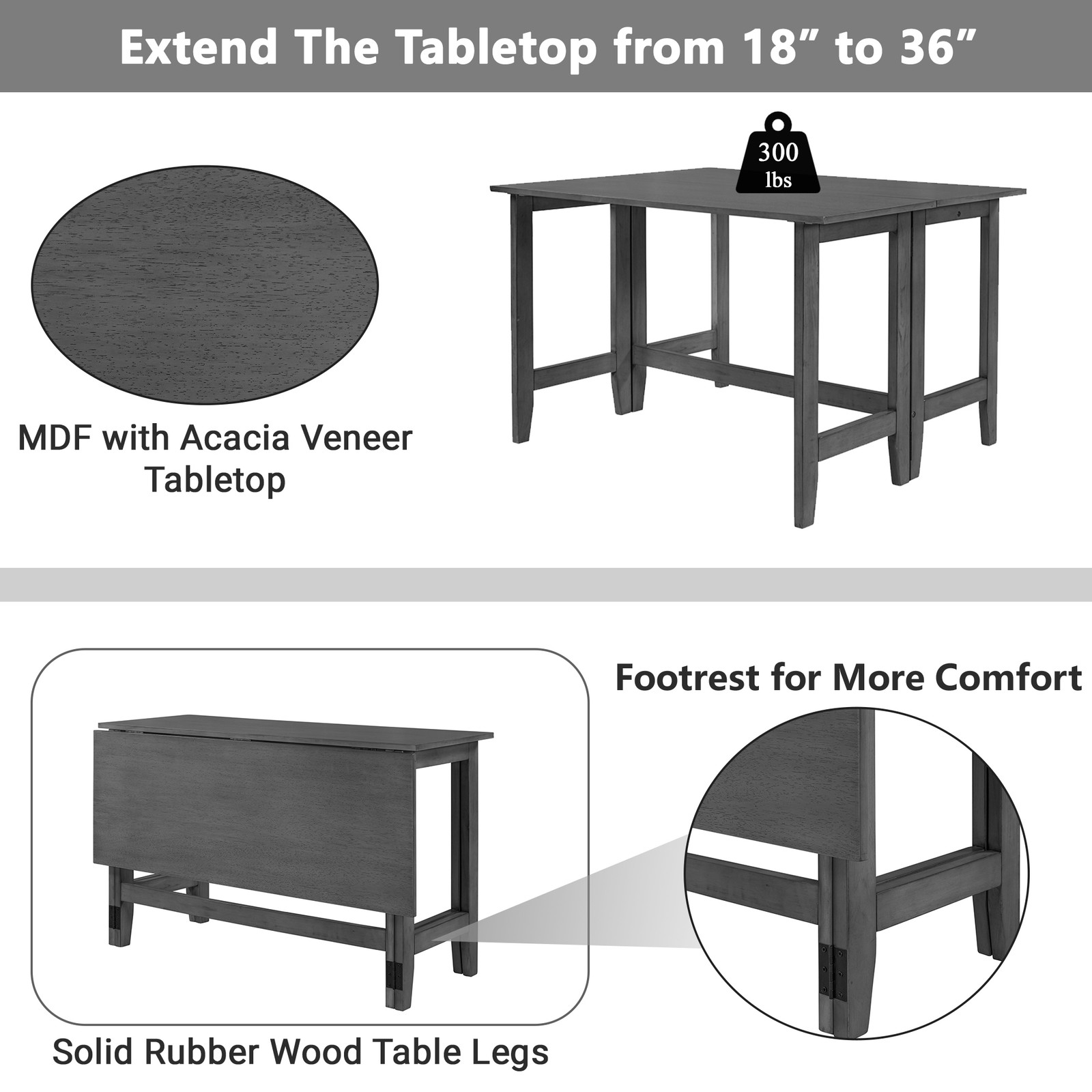Gray Farmhouse Drop Leaf Extendable Dining Table for 4 (18-36″x47″x30″)