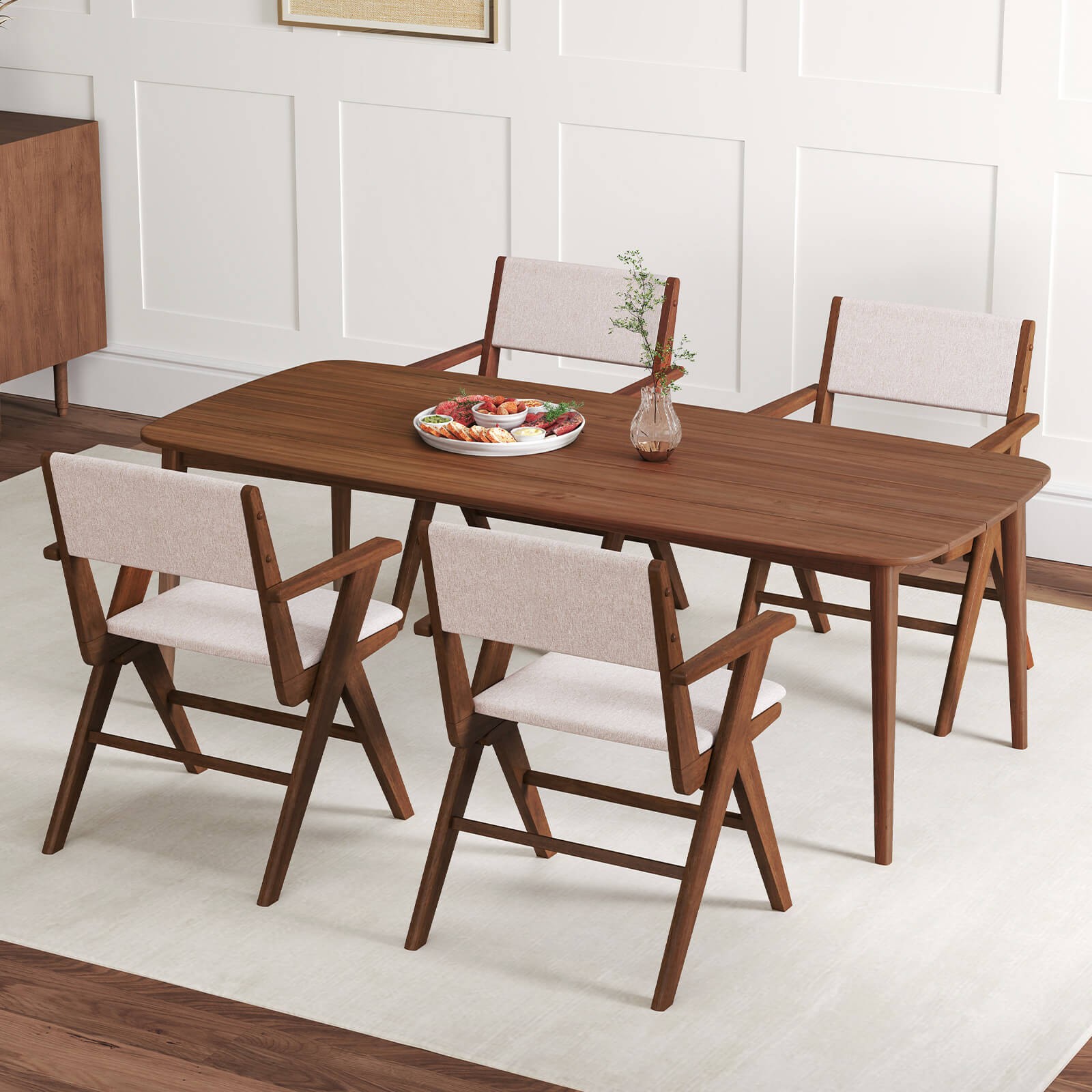 Wooden Dining Chair Set of 2 w/ Rubber Wood Frame Padded Seat & Back Armrests